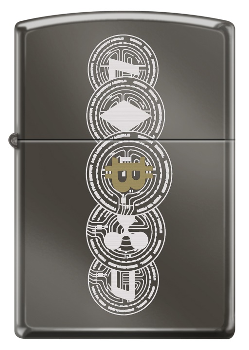 Front shot of Zippo Bejeweled Beetle Design High Polish Brass Windproof Lighter standing at a 3/4 angle.