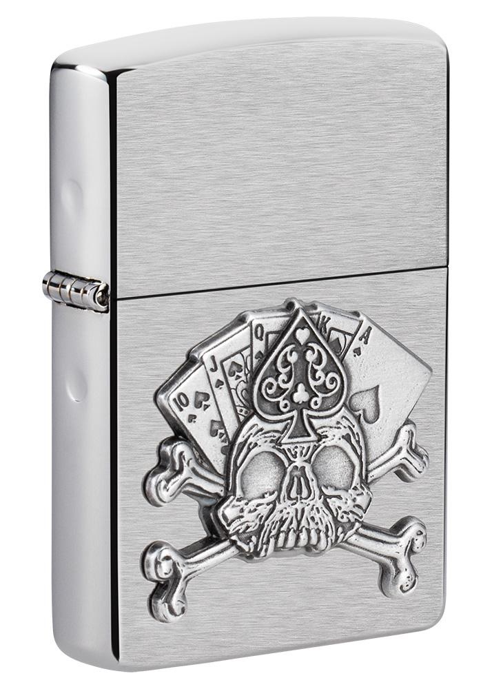 Front shot of Zippo Bejeweled Beetle Design High Polish Brass Windproof Lighter standing at a 3/4 angle.