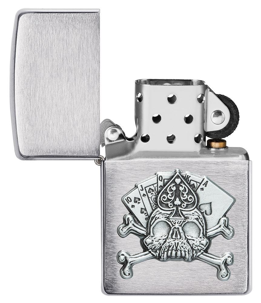 Front shot of Zippo Bejeweled Beetle Design High Polish Brass Windproof Lighter standing at a 3/4 angle.
