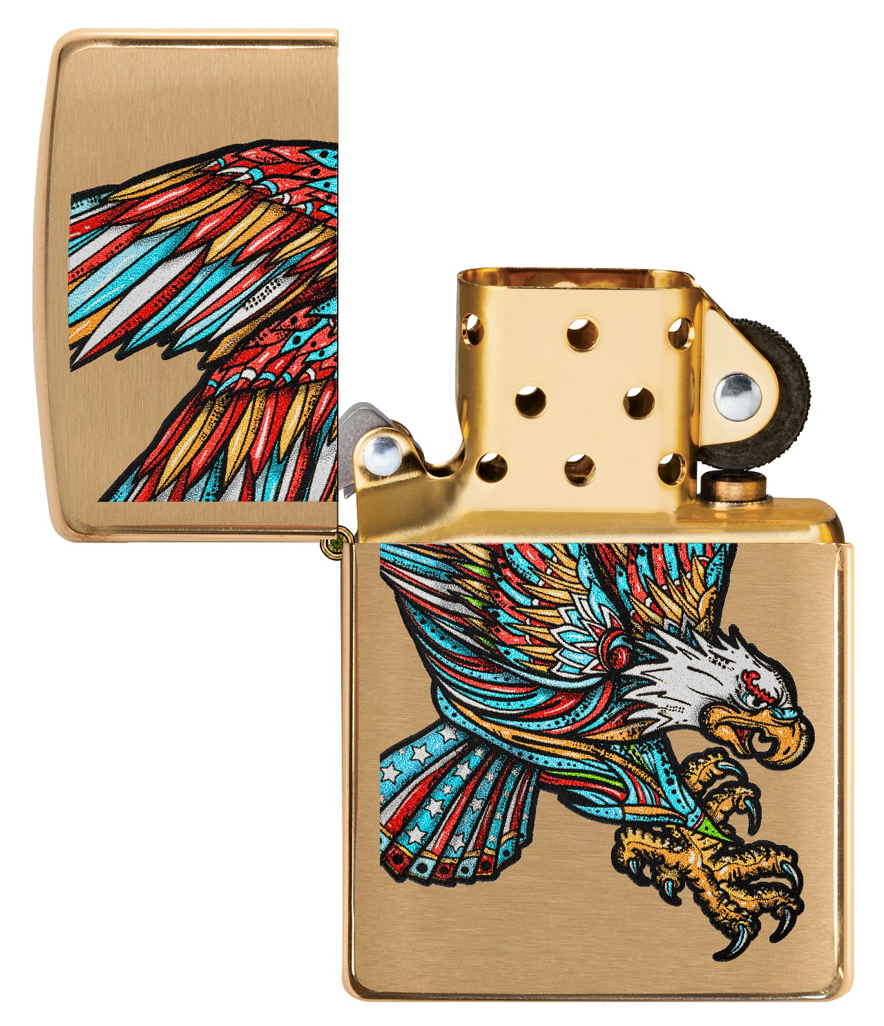 Front shot of Zippo Bejeweled Beetle Design High Polish Brass Windproof Lighter standing at a 3/4 angle.
