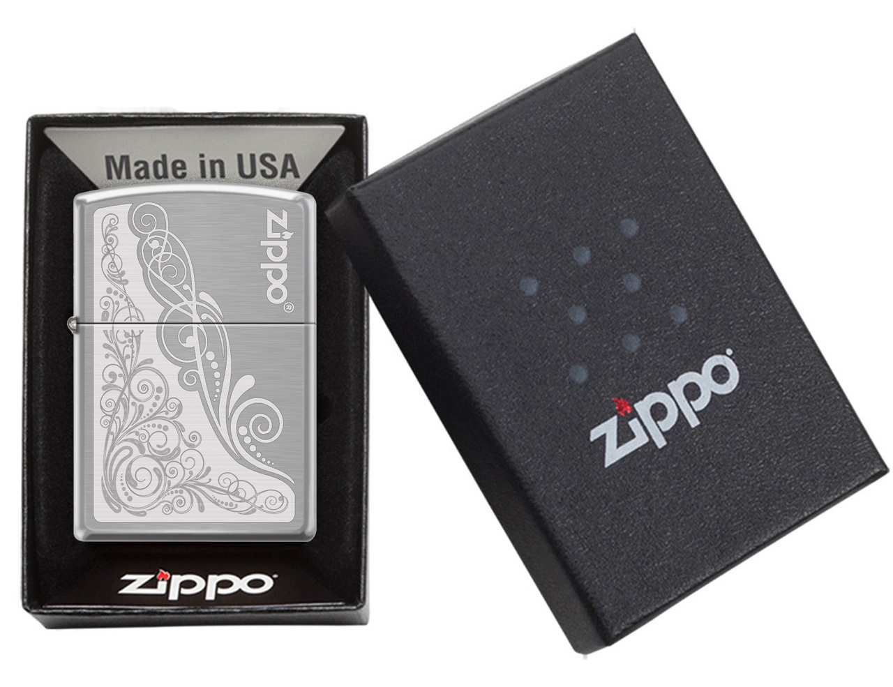 Front shot of Zippo Bejeweled Beetle Design High Polish Brass Windproof Lighter standing at a 3/4 angle.