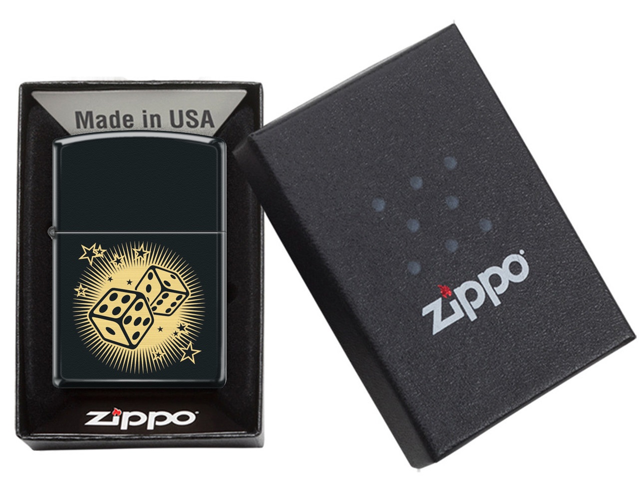 Front shot of Zippo Bejeweled Beetle Design High Polish Brass Windproof Lighter standing at a 3/4 angle.