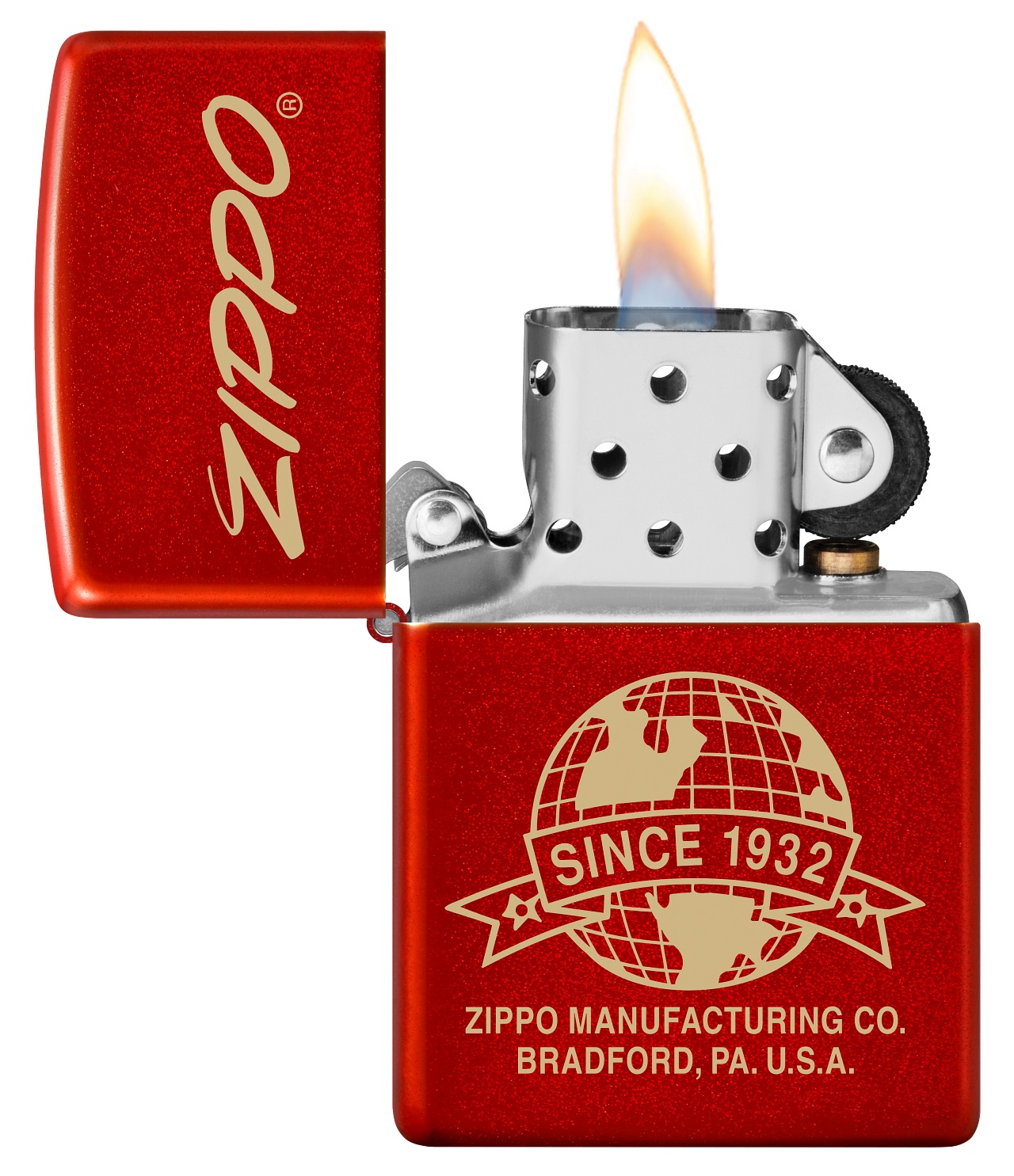 Front shot of Zippo Bejeweled Beetle Design High Polish Brass Windproof Lighter standing at a 3/4 angle.