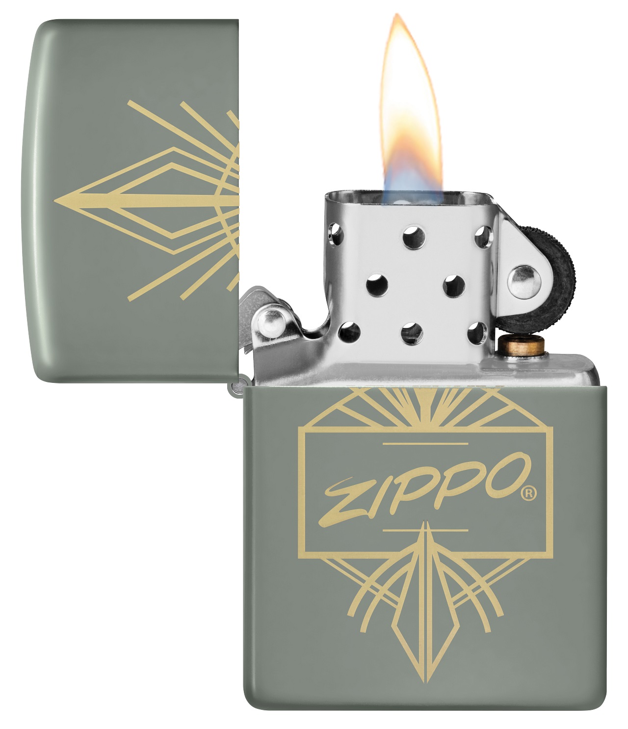 Front shot of Zippo Bejeweled Beetle Design High Polish Brass Windproof Lighter standing at a 3/4 angle.