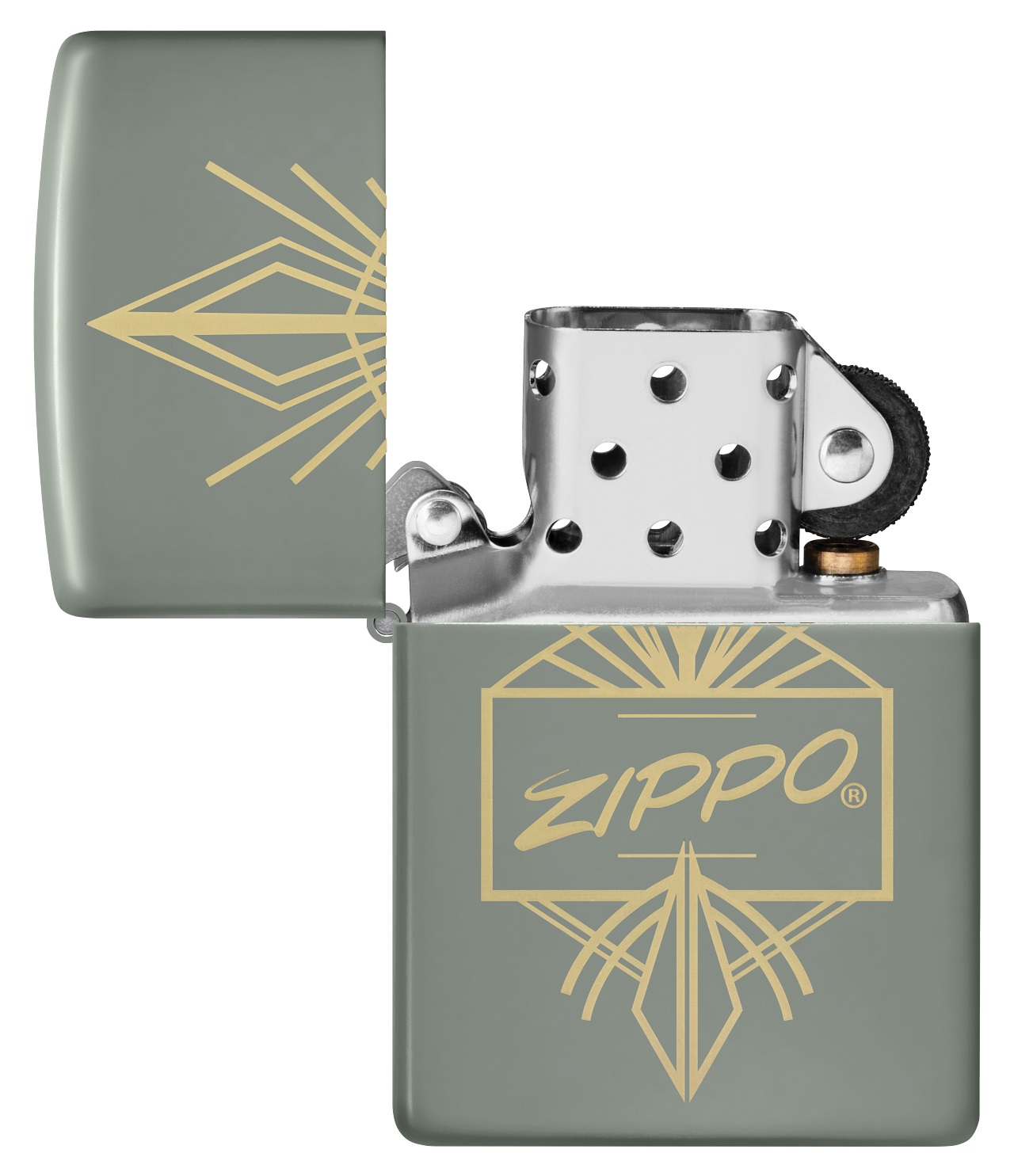 Front shot of Zippo Bejeweled Beetle Design High Polish Brass Windproof Lighter standing at a 3/4 angle.