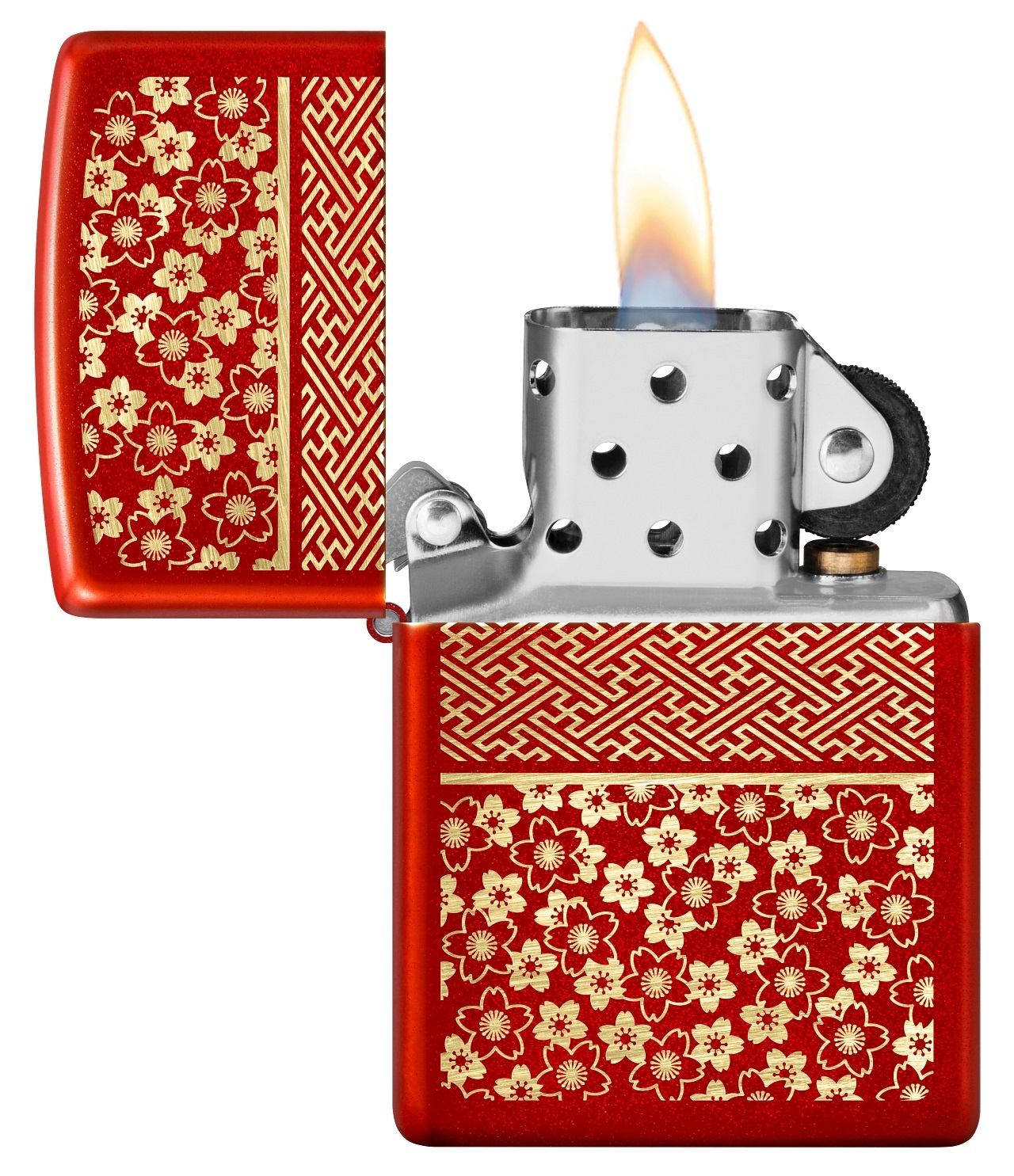 Front shot of Zippo Bejeweled Beetle Design High Polish Brass Windproof Lighter standing at a 3/4 angle.