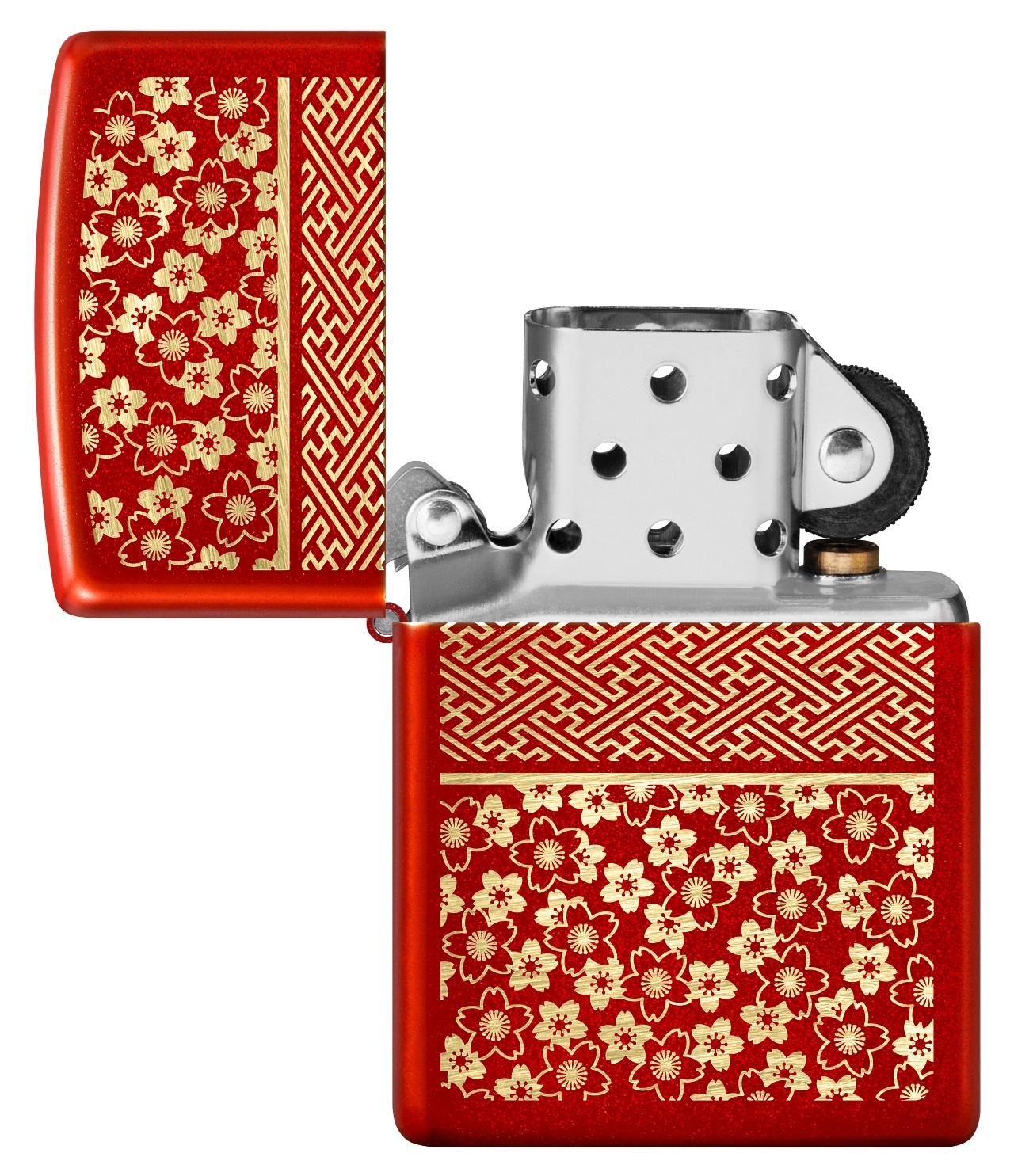 Front shot of Zippo Bejeweled Beetle Design High Polish Brass Windproof Lighter standing at a 3/4 angle.