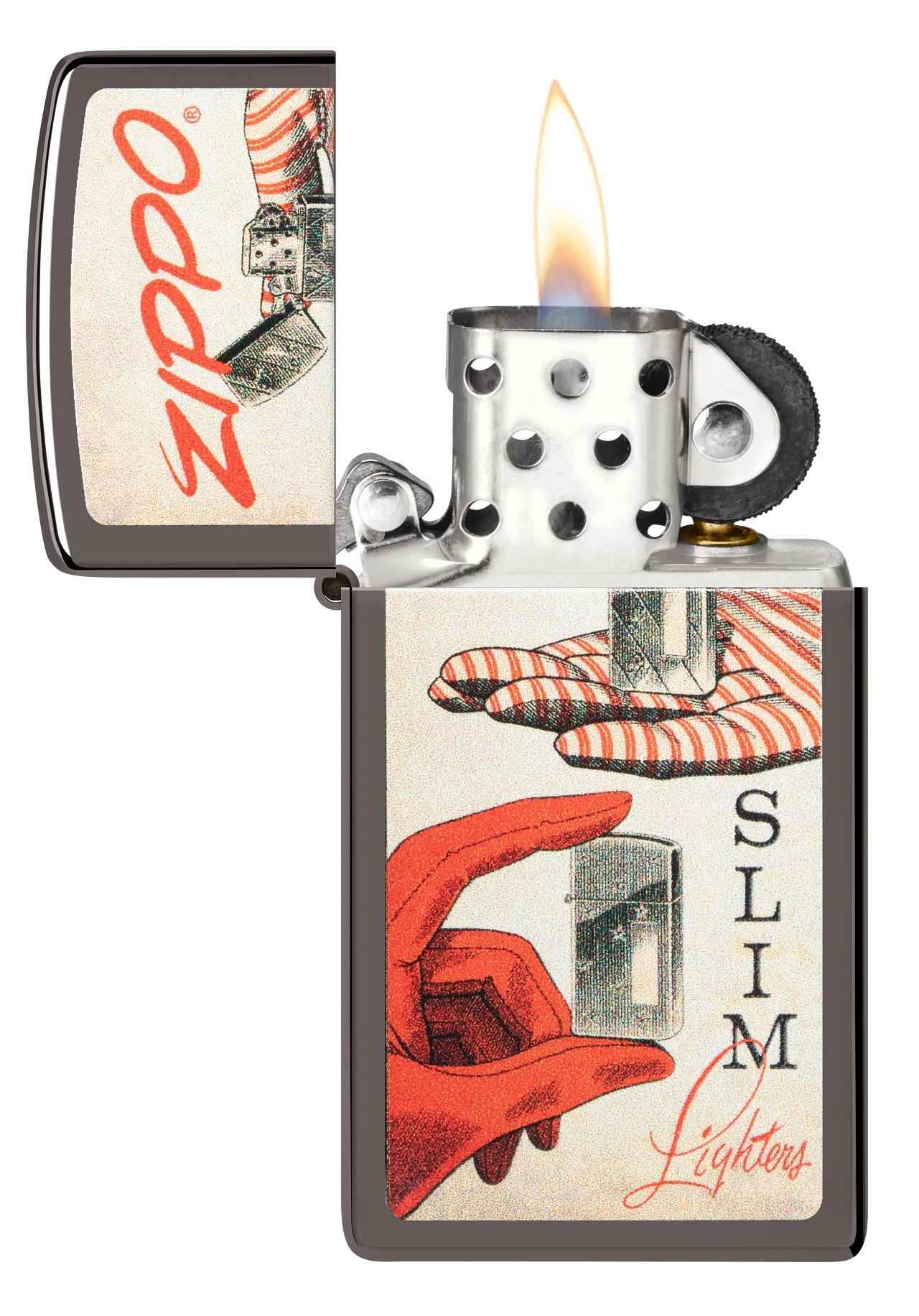Front shot of Zippo Bejeweled Beetle Design High Polish Brass Windproof Lighter standing at a 3/4 angle.