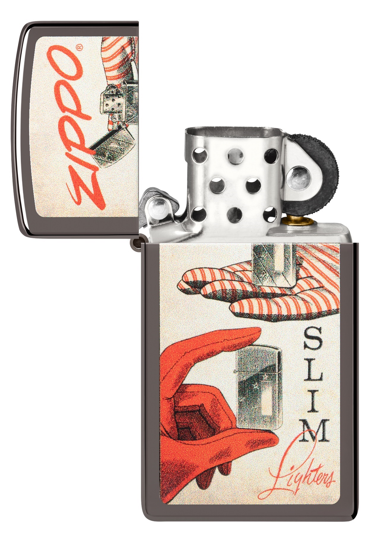 Front shot of Zippo Bejeweled Beetle Design High Polish Brass Windproof Lighter standing at a 3/4 angle.