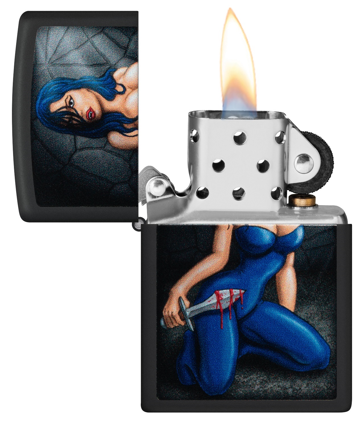 Front shot of Zippo Bejeweled Beetle Design High Polish Brass Windproof Lighter standing at a 3/4 angle.