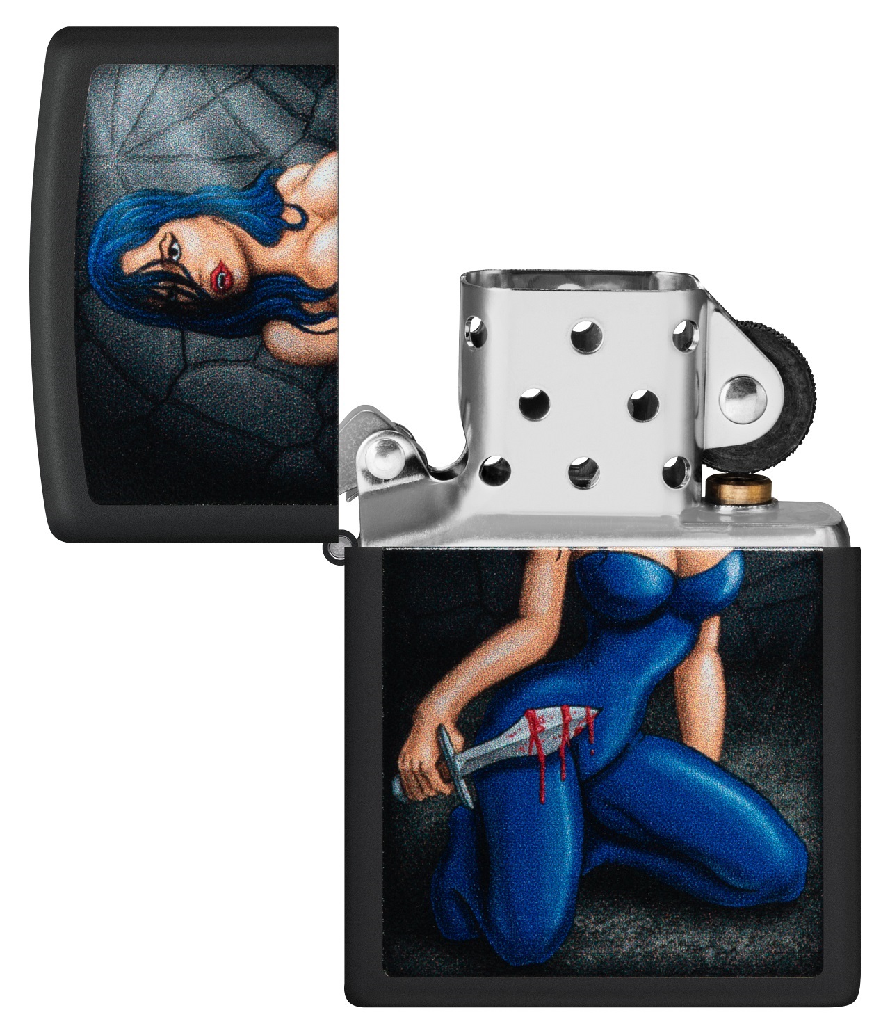 Front shot of Zippo Bejeweled Beetle Design High Polish Brass Windproof Lighter standing at a 3/4 angle.