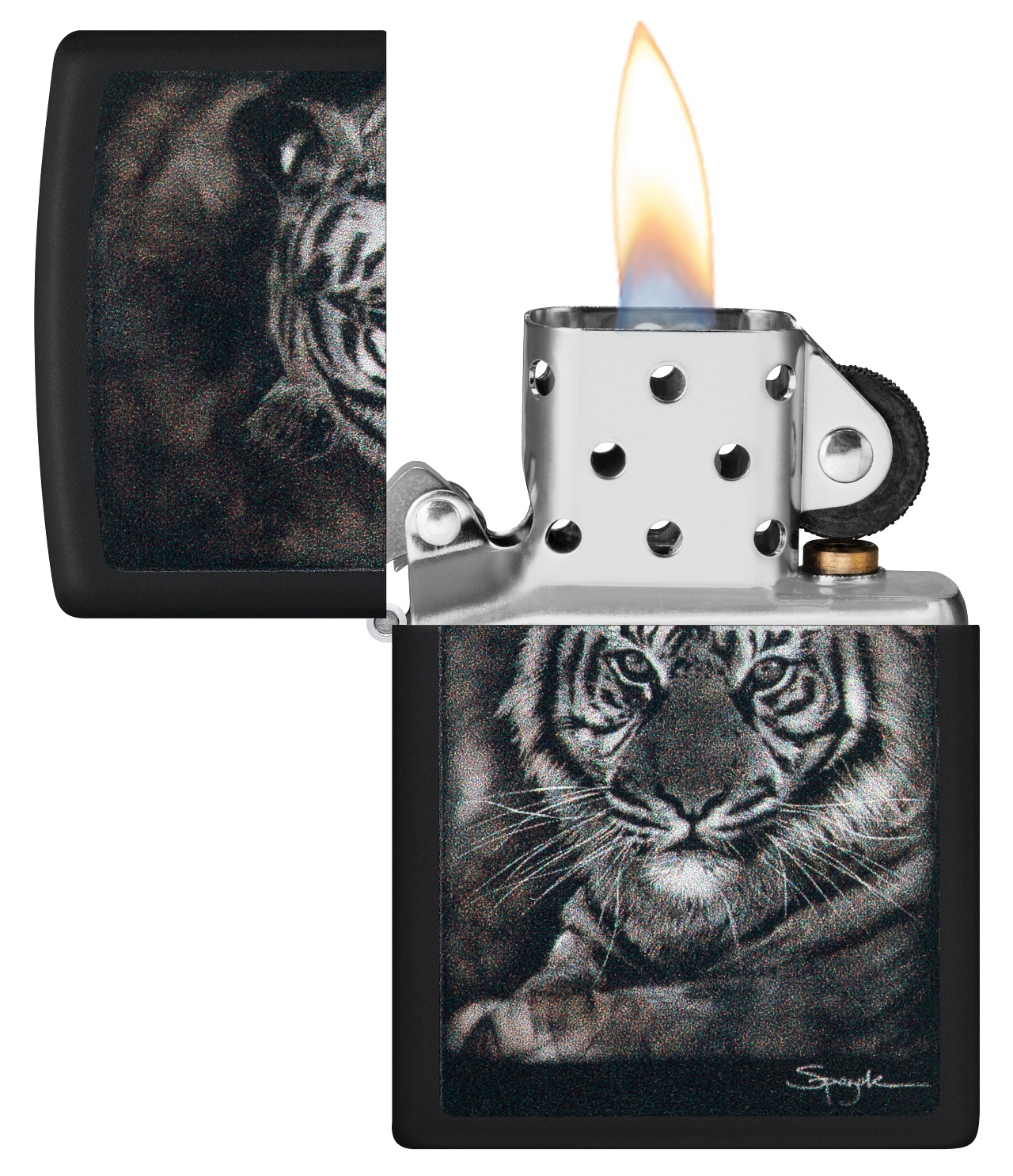 Front shot of Zippo Bejeweled Beetle Design High Polish Brass Windproof Lighter standing at a 3/4 angle.