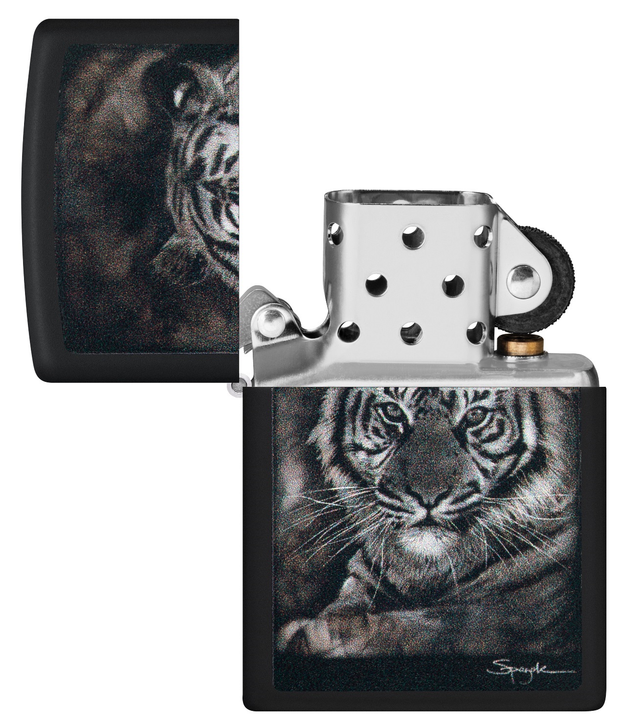 Front shot of Zippo Bejeweled Beetle Design High Polish Brass Windproof Lighter standing at a 3/4 angle.