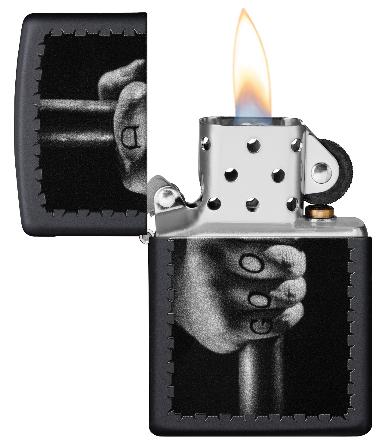 Front shot of Zippo Bejeweled Beetle Design High Polish Brass Windproof Lighter standing at a 3/4 angle.