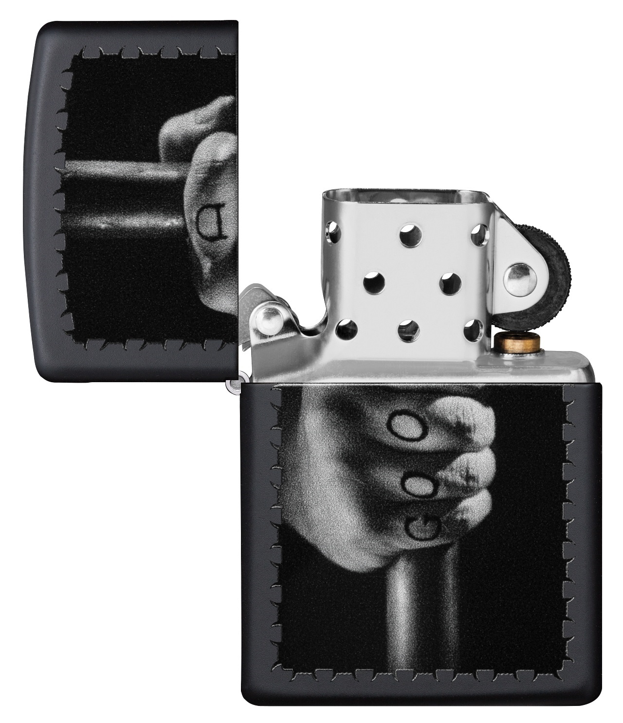 Front shot of Zippo Bejeweled Beetle Design High Polish Brass Windproof Lighter standing at a 3/4 angle.