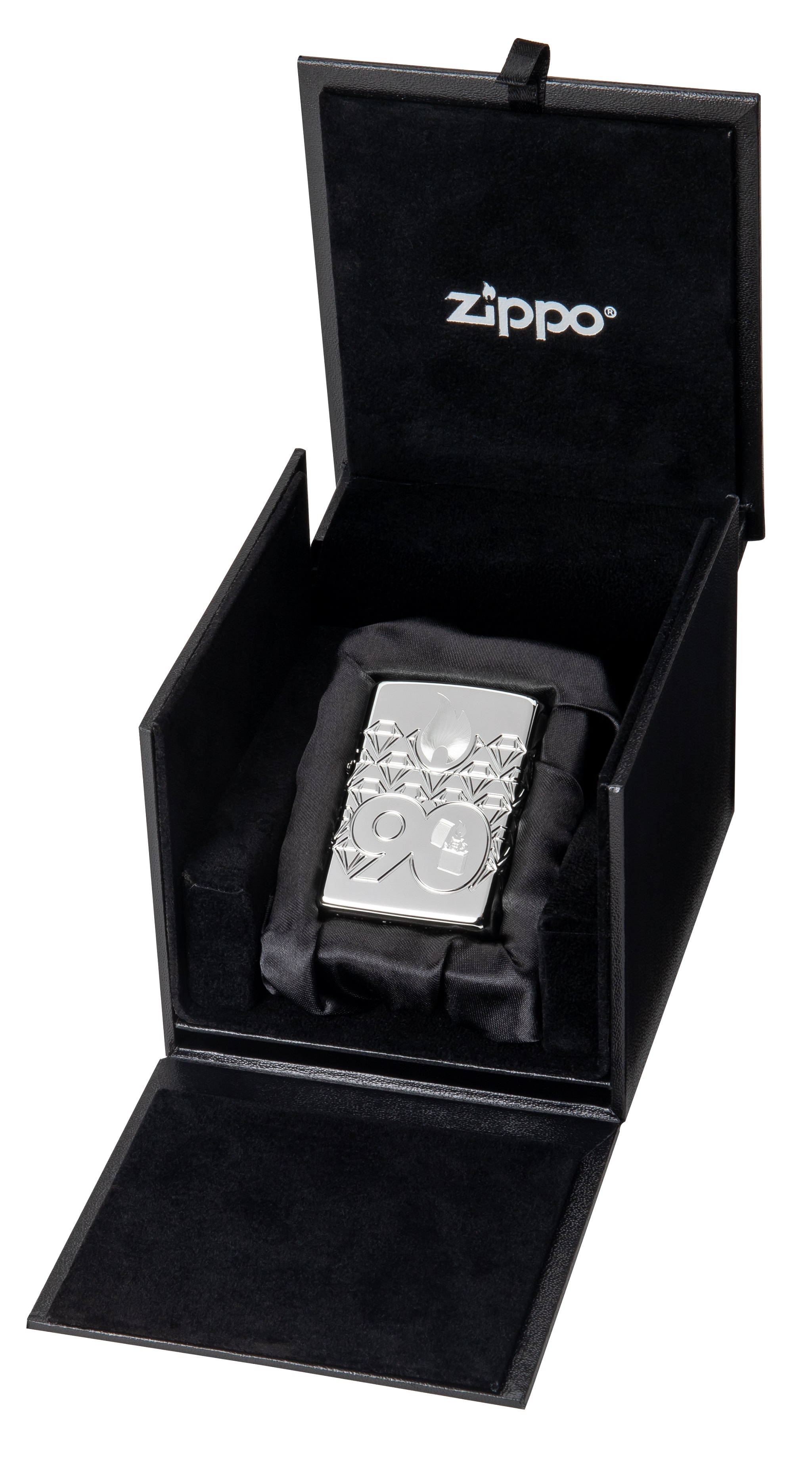 Front shot of Zippo Bejeweled Beetle Design High Polish Brass Windproof Lighter standing at a 3/4 angle.