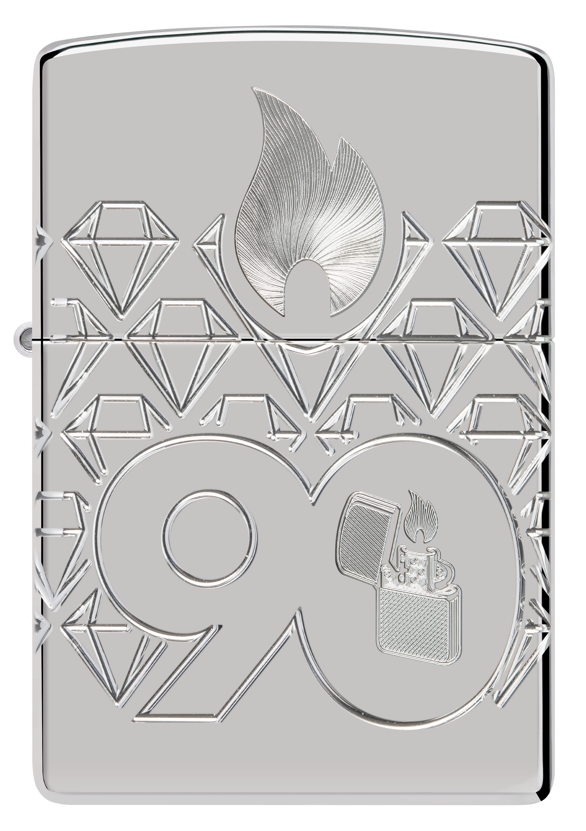 Front shot of Zippo Bejeweled Beetle Design High Polish Brass Windproof Lighter standing at a 3/4 angle.