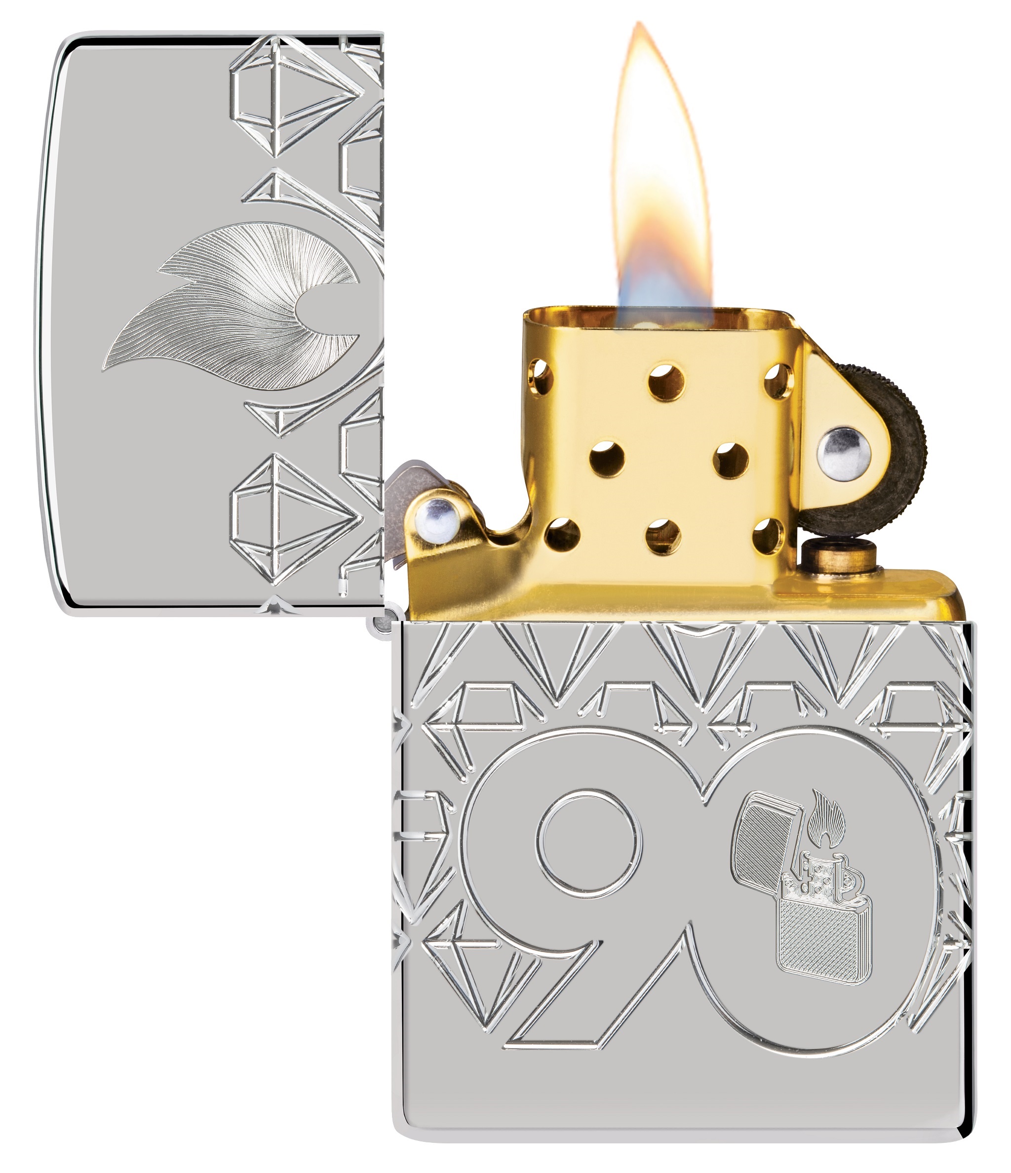 Front shot of Zippo Bejeweled Beetle Design High Polish Brass Windproof Lighter standing at a 3/4 angle.