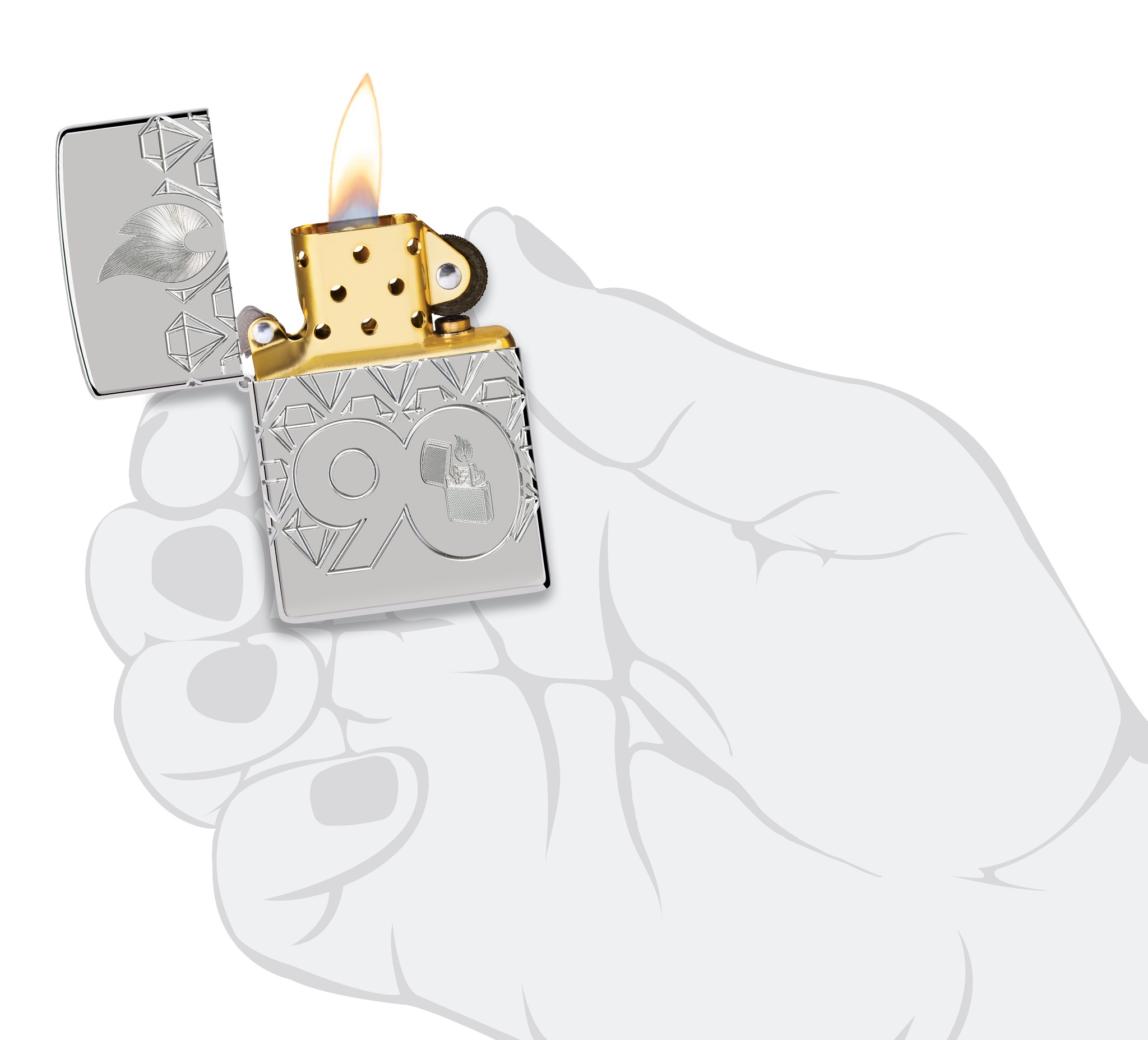 Front shot of Zippo Bejeweled Beetle Design High Polish Brass Windproof Lighter standing at a 3/4 angle.