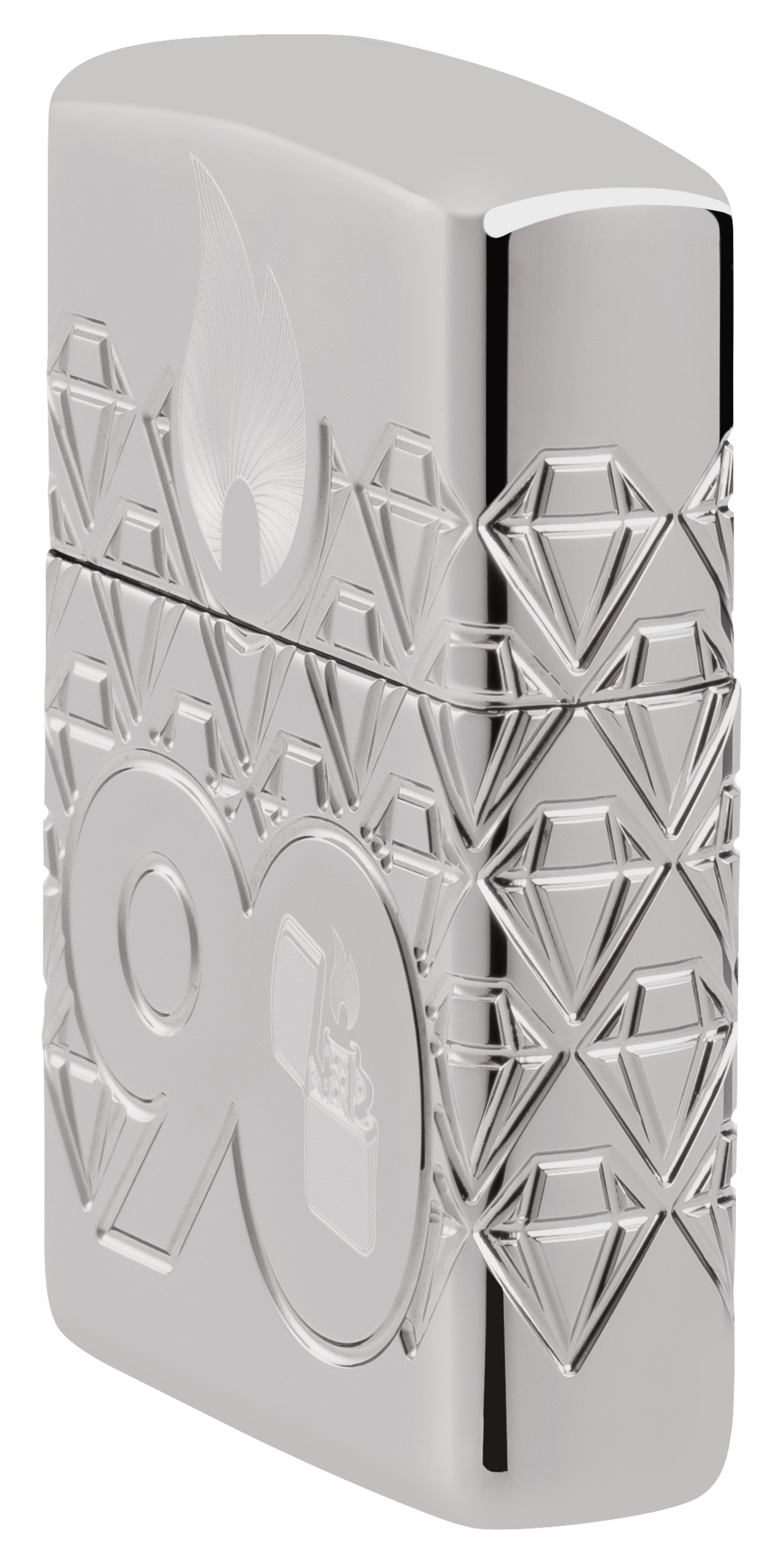 Front shot of Zippo Bejeweled Beetle Design High Polish Brass Windproof Lighter standing at a 3/4 angle.