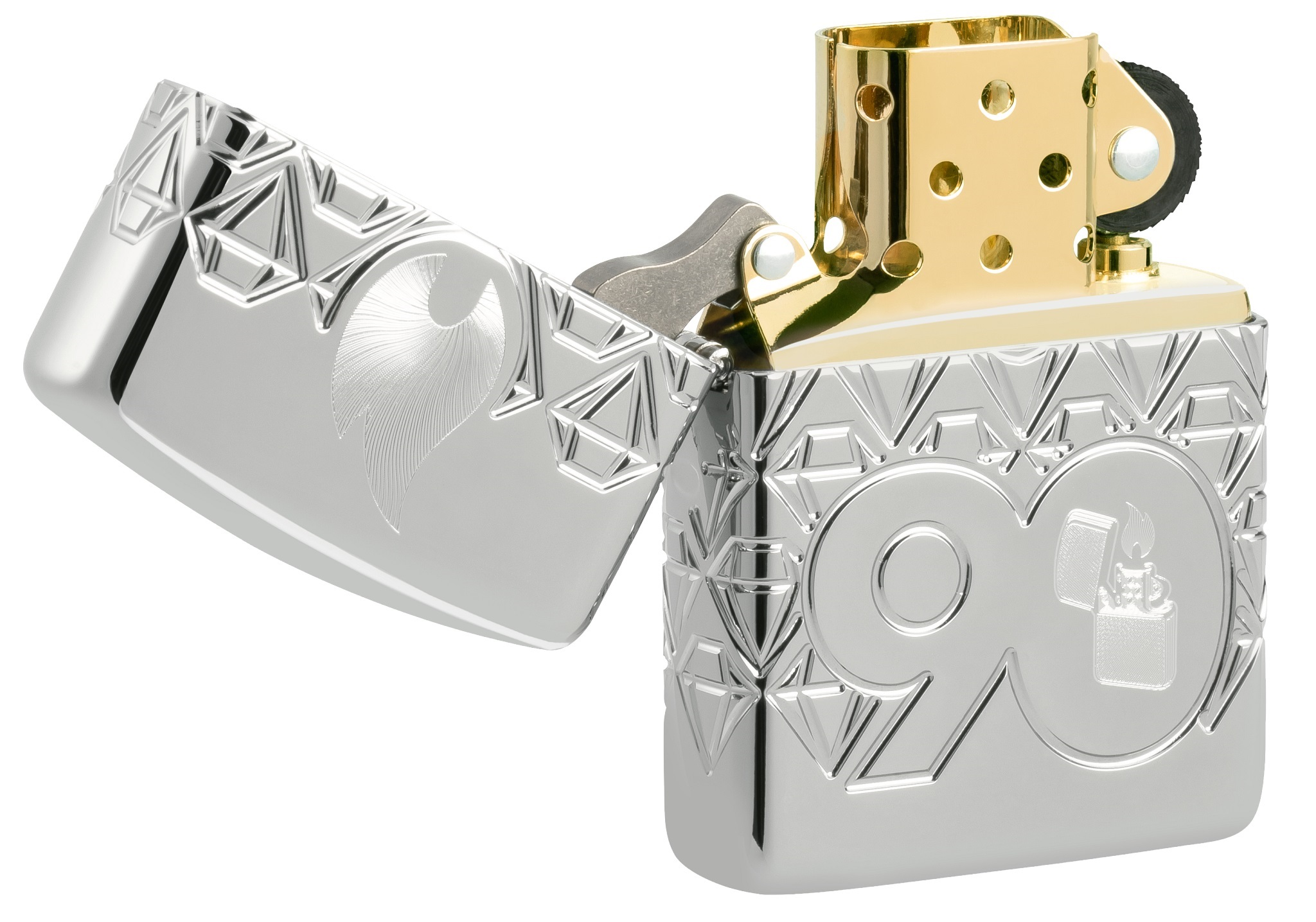 Front shot of Zippo Bejeweled Beetle Design High Polish Brass Windproof Lighter standing at a 3/4 angle.