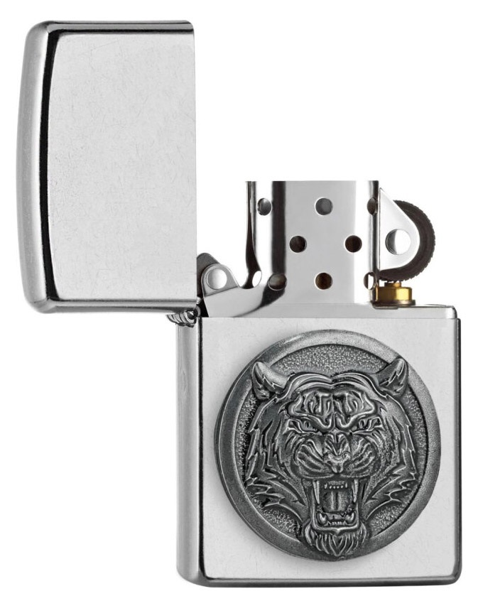 Front shot of Zippo Bejeweled Beetle Design High Polish Brass Windproof Lighter standing at a 3/4 angle.