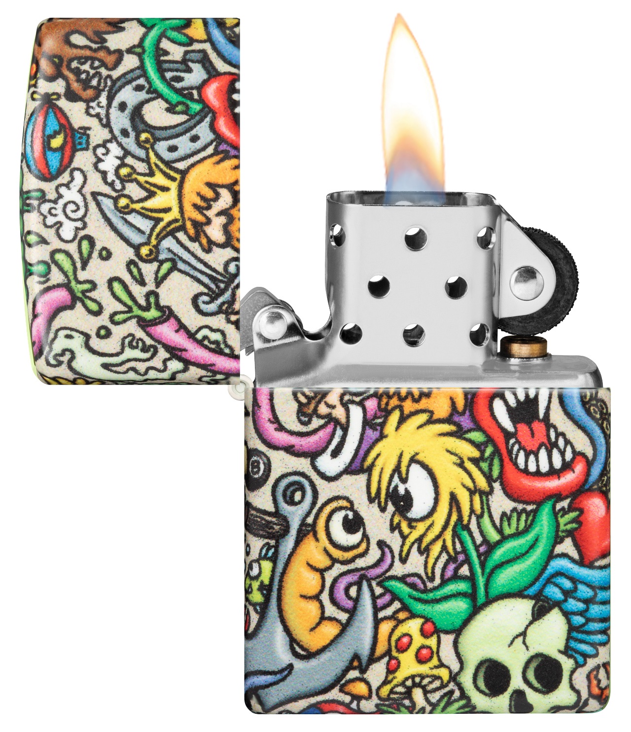 Front shot of Zippo Bejeweled Beetle Design High Polish Brass Windproof Lighter standing at a 3/4 angle.