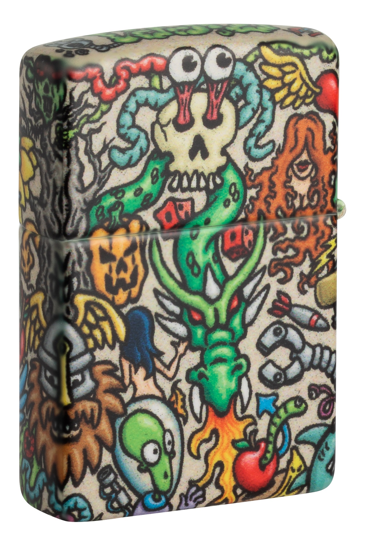 Front shot of Zippo Bejeweled Beetle Design High Polish Brass Windproof Lighter standing at a 3/4 angle.