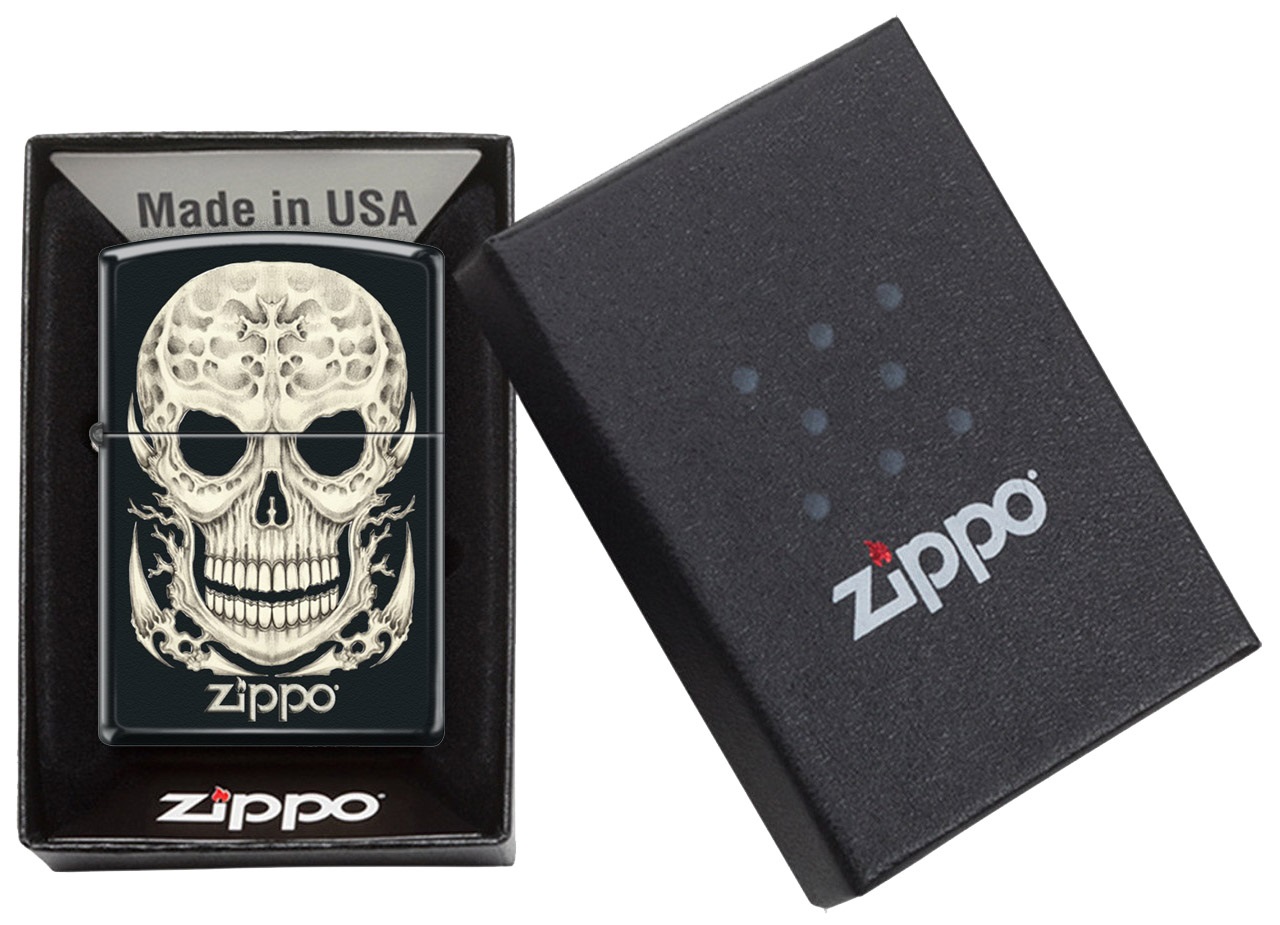 Front shot of Zippo Bejeweled Beetle Design High Polish Brass Windproof Lighter standing at a 3/4 angle.