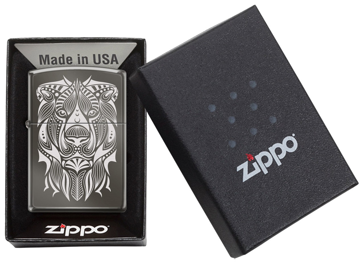 Front shot of Zippo Bejeweled Beetle Design High Polish Brass Windproof Lighter standing at a 3/4 angle.
