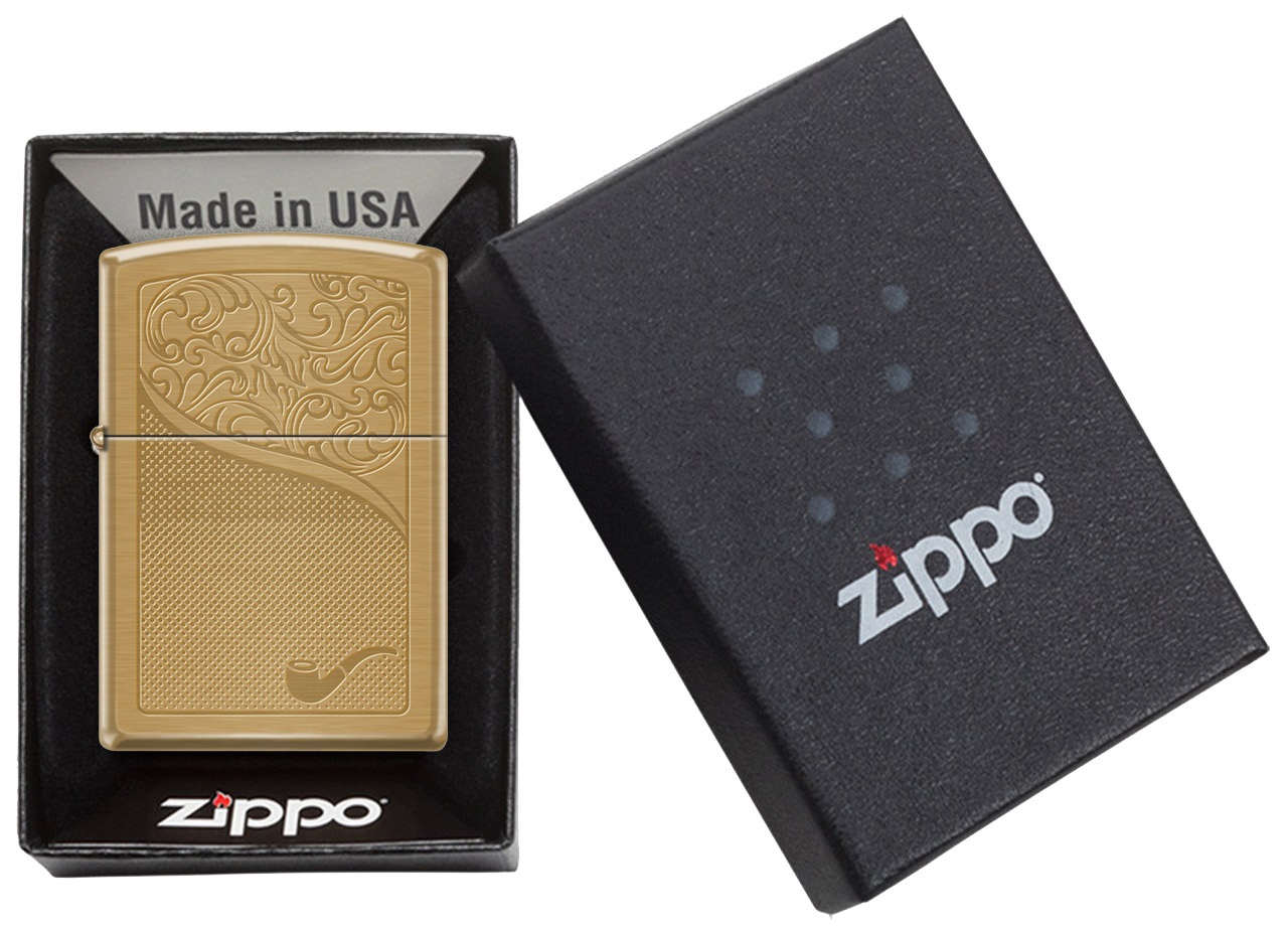 Front shot of Zippo Bejeweled Beetle Design High Polish Brass Windproof Lighter standing at a 3/4 angle.