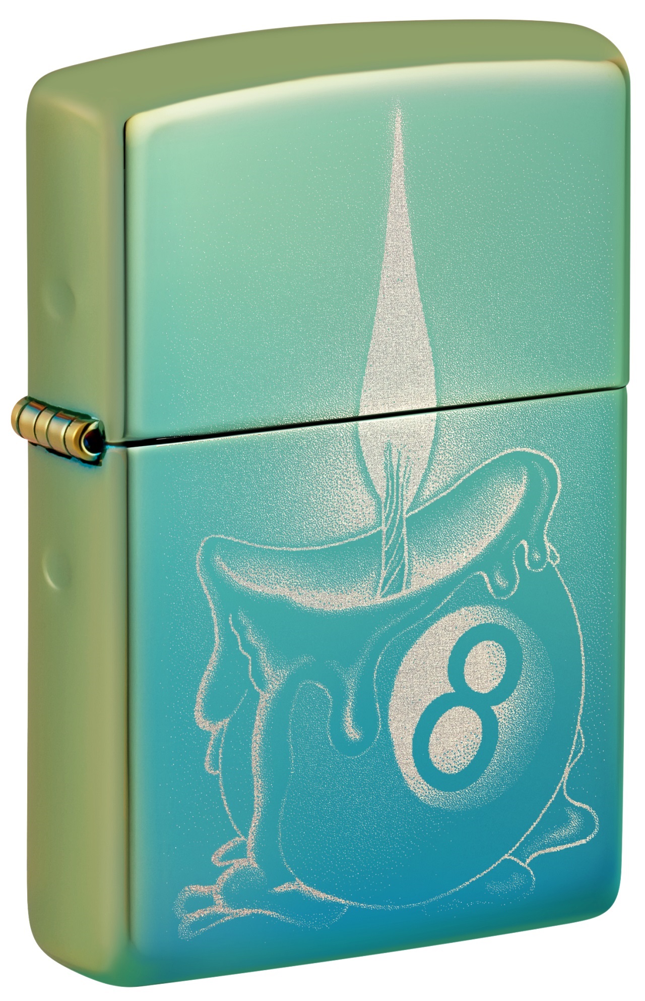 Front shot of Zippo Bejeweled Beetle Design High Polish Brass Windproof Lighter standing at a 3/4 angle.
