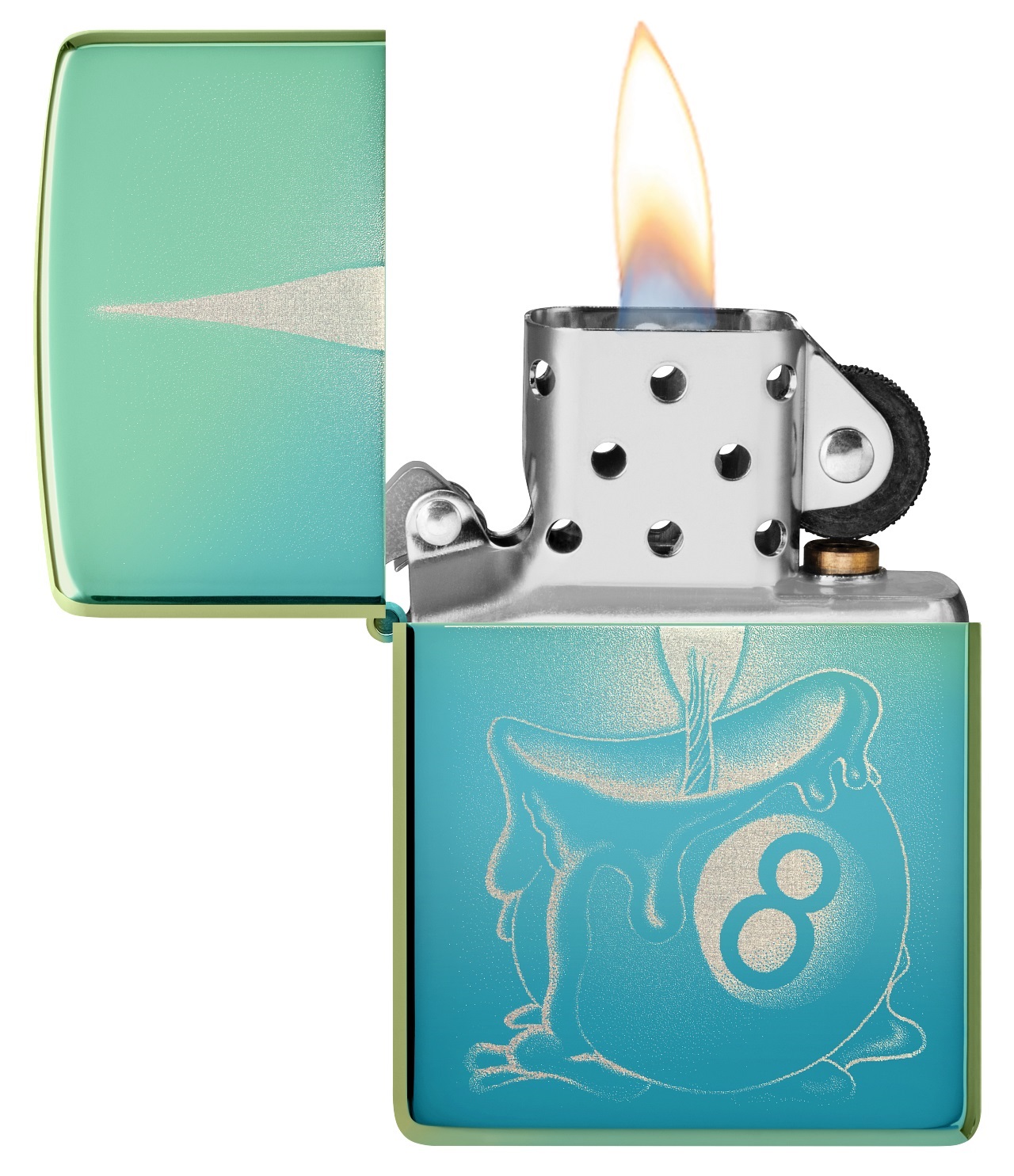 Front shot of Zippo Bejeweled Beetle Design High Polish Brass Windproof Lighter standing at a 3/4 angle.