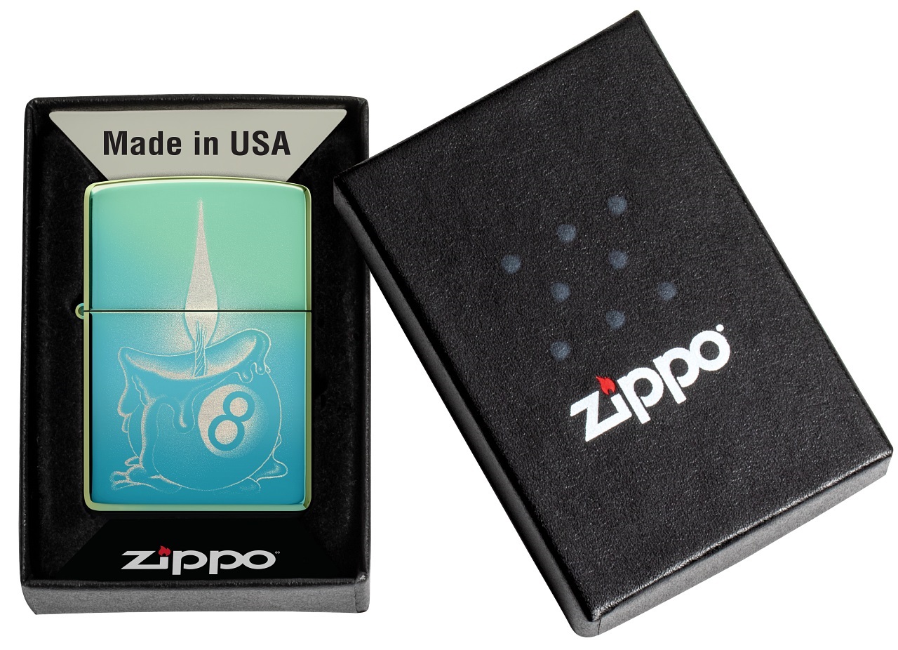 Front shot of Zippo Bejeweled Beetle Design High Polish Brass Windproof Lighter standing at a 3/4 angle.