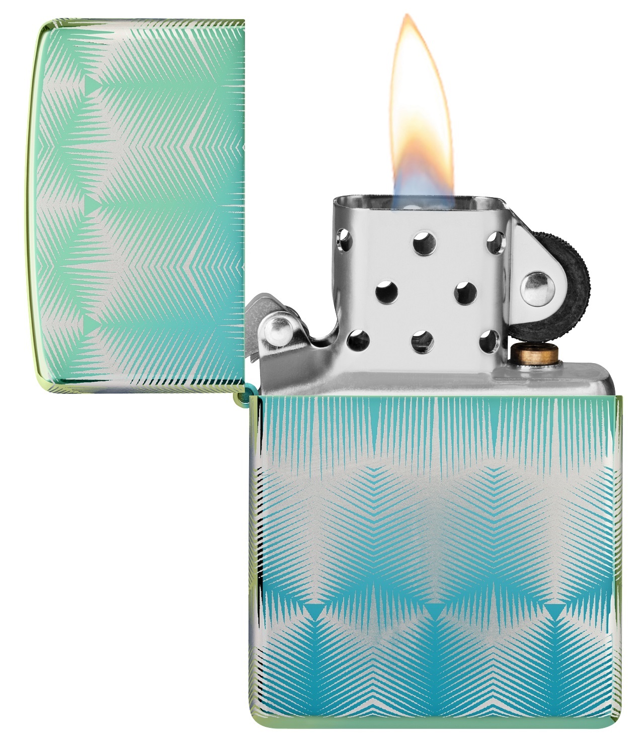 Front shot of Zippo Bejeweled Beetle Design High Polish Brass Windproof Lighter standing at a 3/4 angle.
