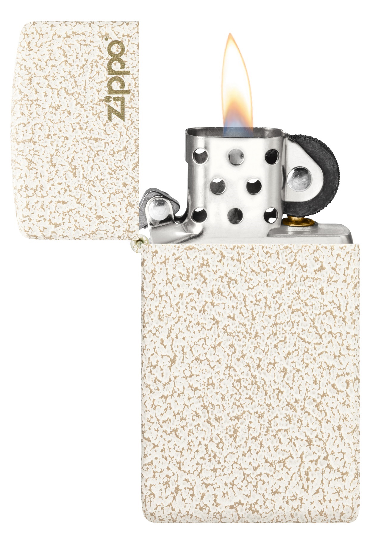 Front shot of Zippo Bejeweled Beetle Design High Polish Brass Windproof Lighter standing at a 3/4 angle.