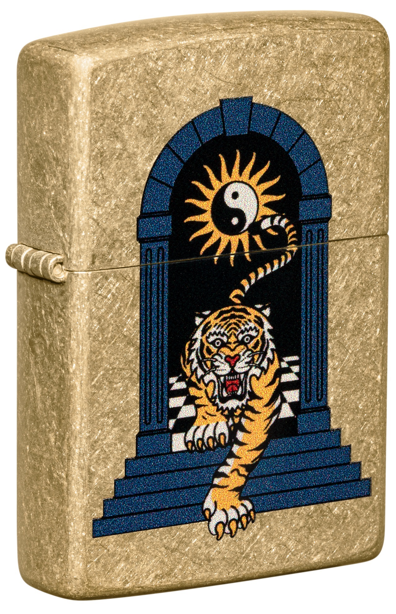 Front shot of Zippo Bejeweled Beetle Design High Polish Brass Windproof Lighter standing at a 3/4 angle.