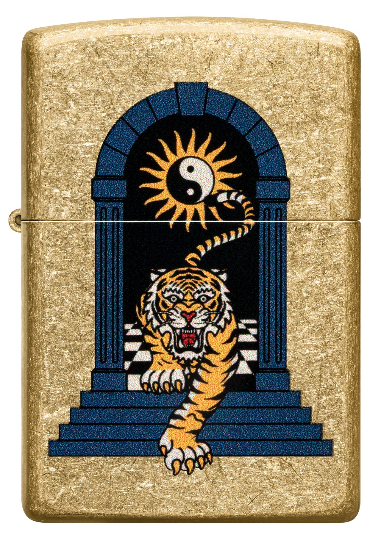 Front shot of Zippo Bejeweled Beetle Design High Polish Brass Windproof Lighter standing at a 3/4 angle.