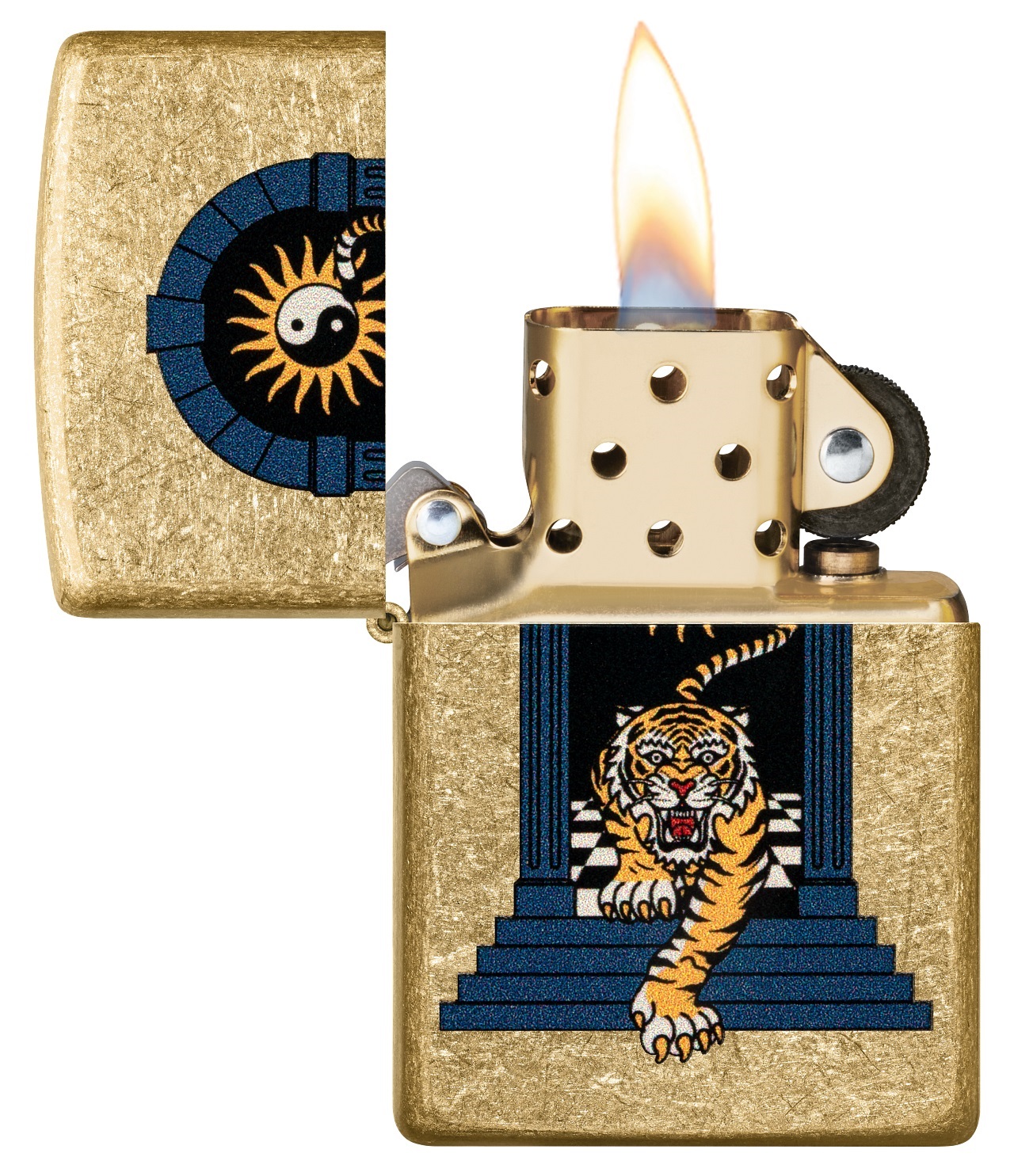 Front shot of Zippo Bejeweled Beetle Design High Polish Brass Windproof Lighter standing at a 3/4 angle.