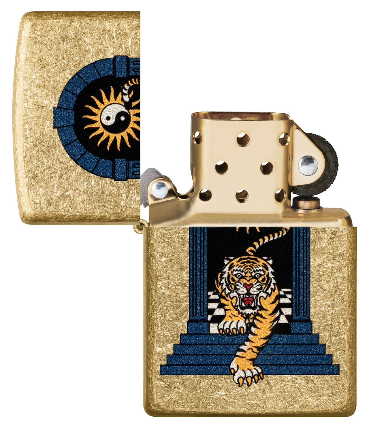 Front shot of Zippo Bejeweled Beetle Design High Polish Brass Windproof Lighter standing at a 3/4 angle.