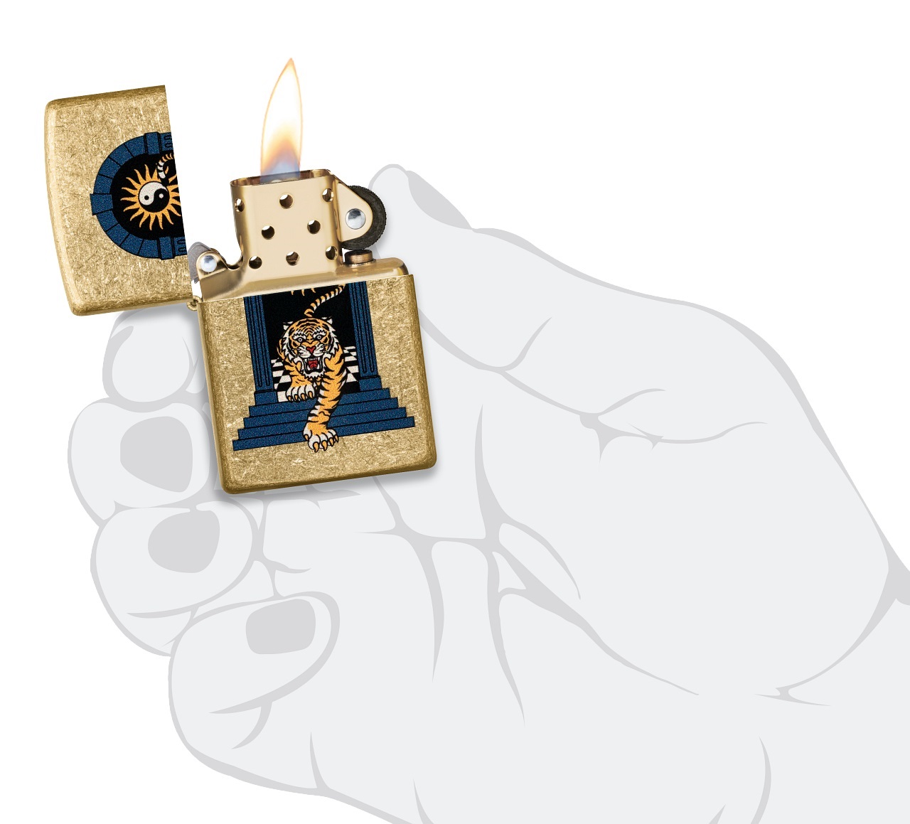 Front shot of Zippo Bejeweled Beetle Design High Polish Brass Windproof Lighter standing at a 3/4 angle.