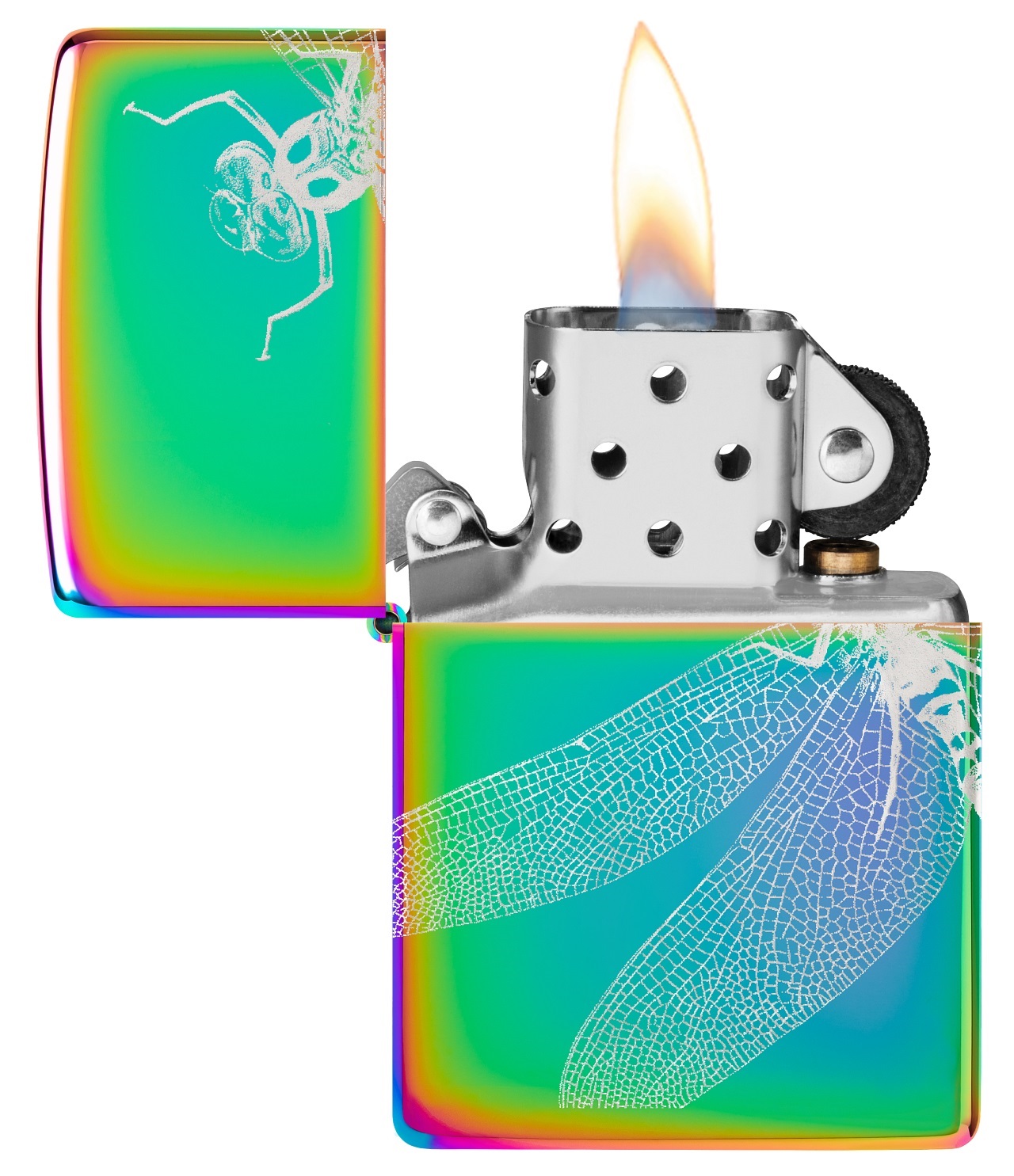 Front shot of Zippo Bejeweled Beetle Design High Polish Brass Windproof Lighter standing at a 3/4 angle.