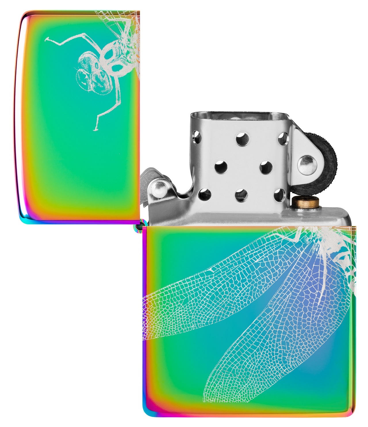 Front shot of Zippo Bejeweled Beetle Design High Polish Brass Windproof Lighter standing at a 3/4 angle.