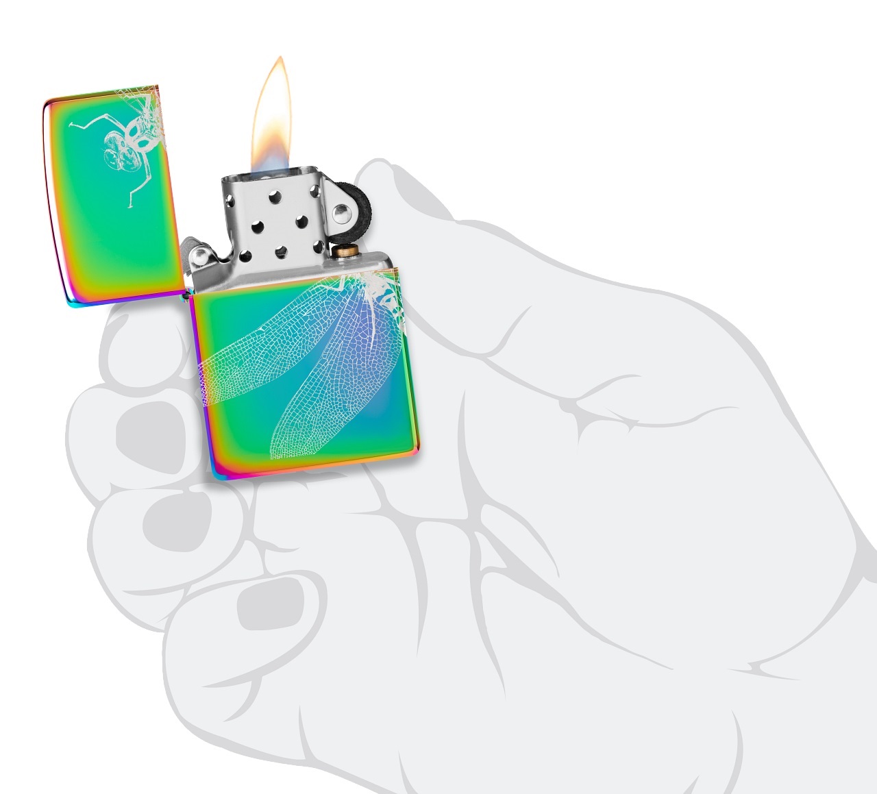 Front shot of Zippo Bejeweled Beetle Design High Polish Brass Windproof Lighter standing at a 3/4 angle.