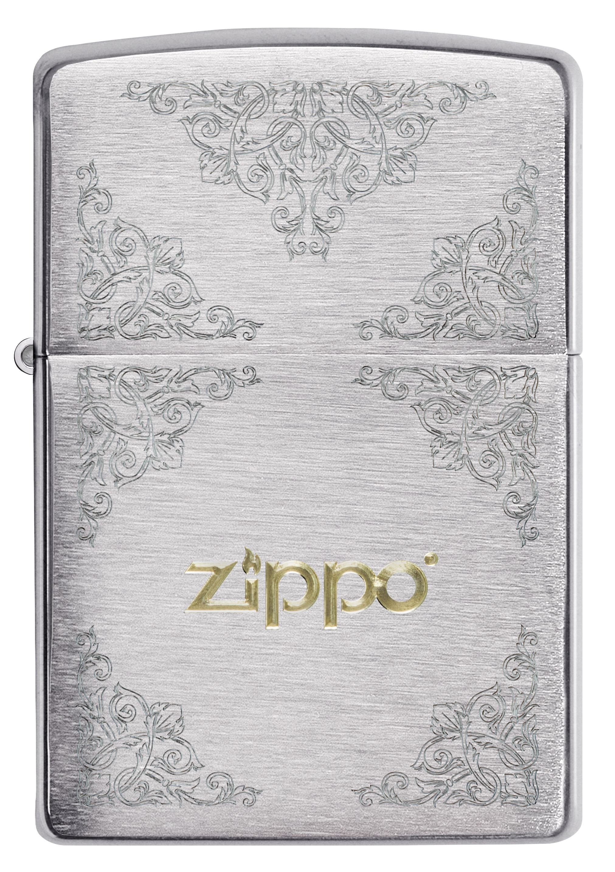 Front shot of Zippo Bejeweled Beetle Design High Polish Brass Windproof Lighter standing at a 3/4 angle.