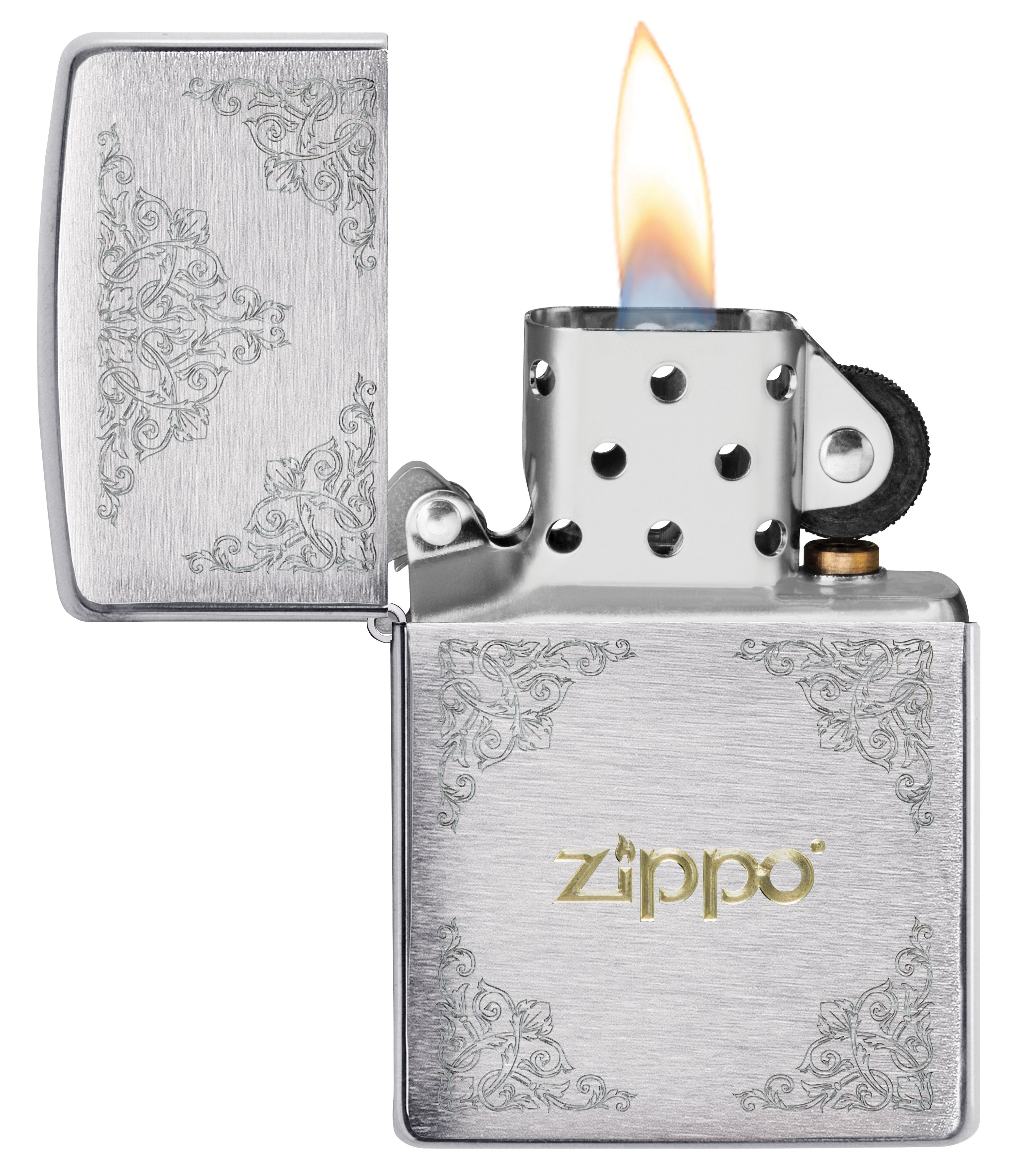 Front shot of Zippo Bejeweled Beetle Design High Polish Brass Windproof Lighter standing at a 3/4 angle.