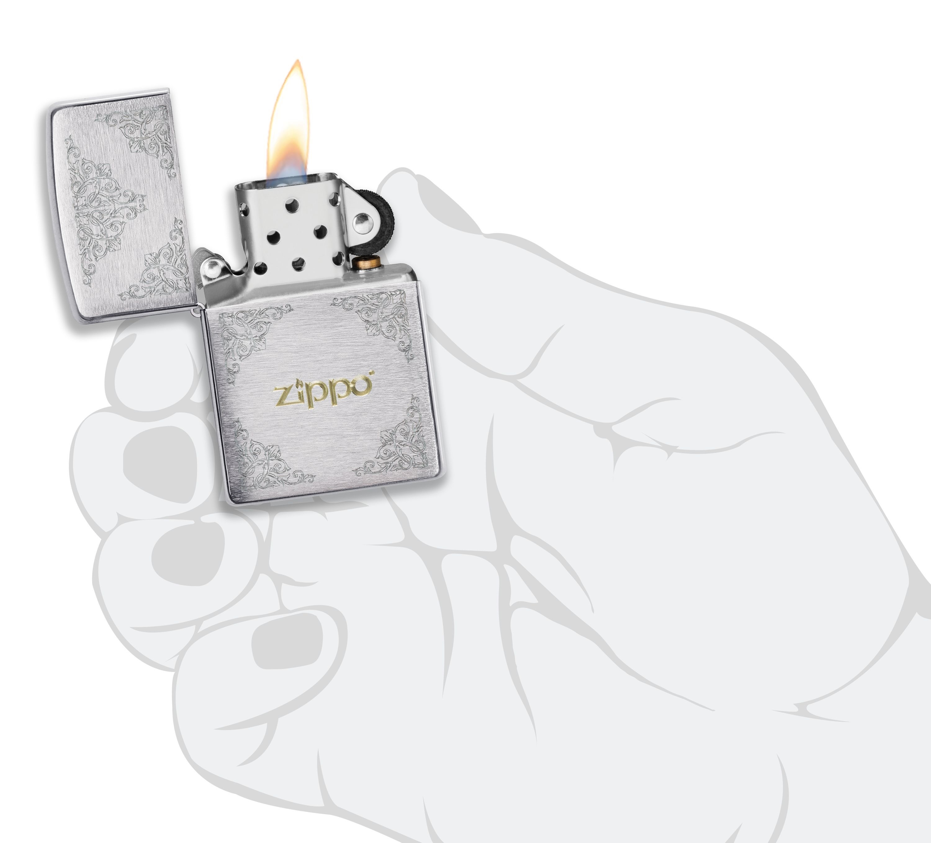 Front shot of Zippo Bejeweled Beetle Design High Polish Brass Windproof Lighter standing at a 3/4 angle.