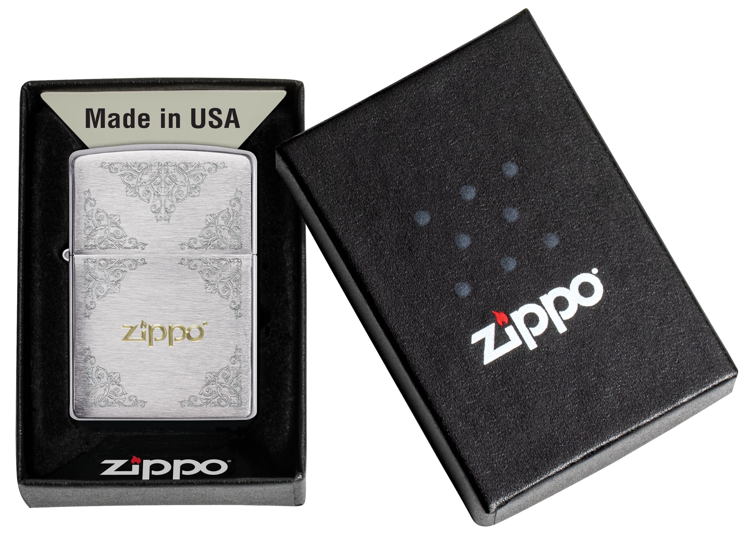 Front shot of Zippo Bejeweled Beetle Design High Polish Brass Windproof Lighter standing at a 3/4 angle.