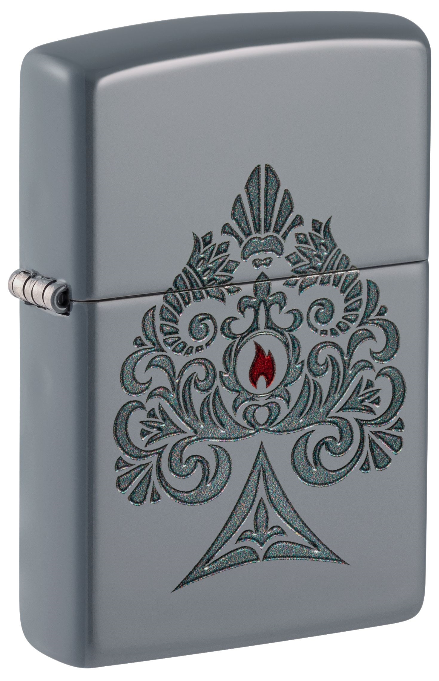 Front shot of Zippo Bejeweled Beetle Design High Polish Brass Windproof Lighter standing at a 3/4 angle.