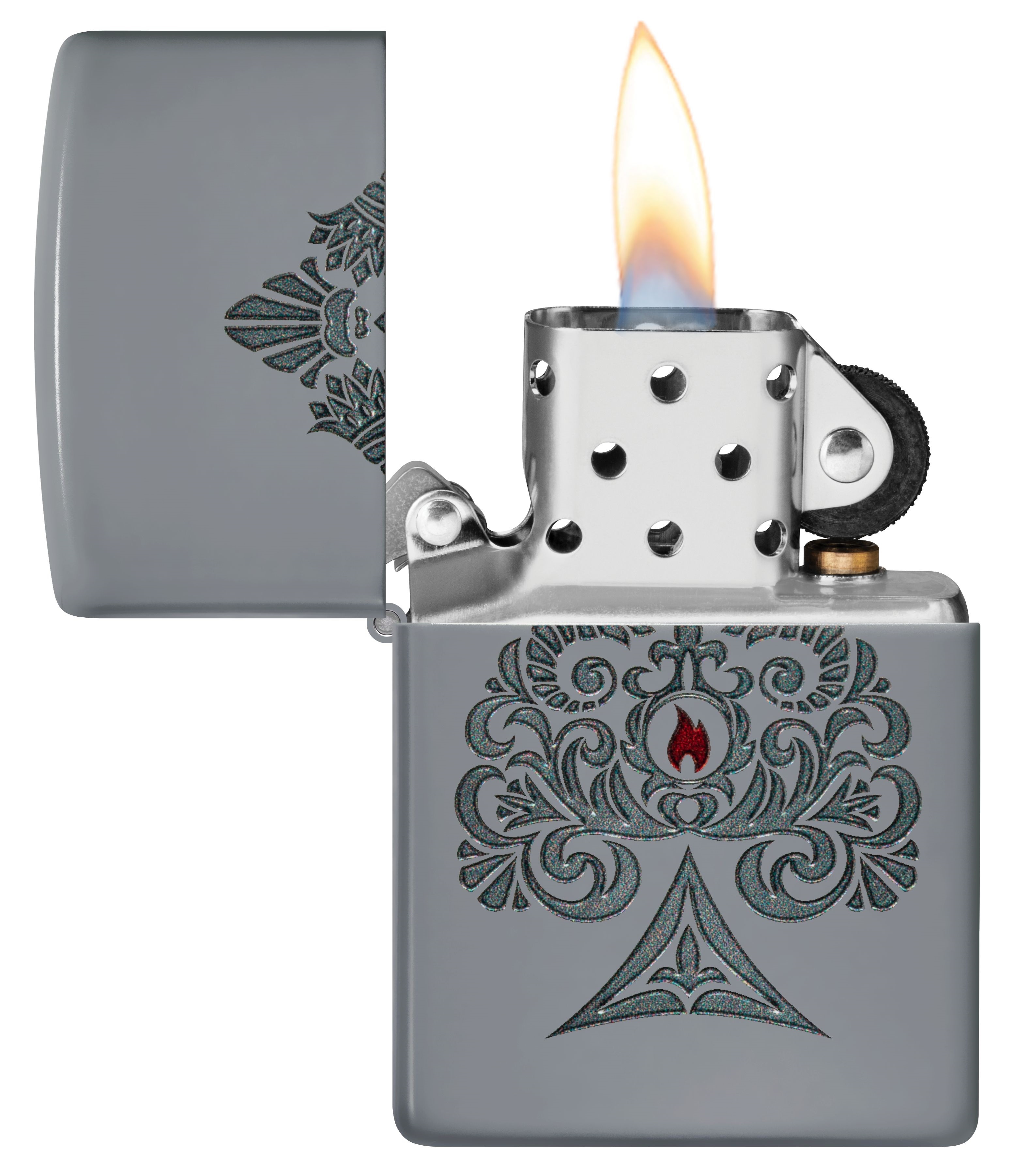 Front shot of Zippo Bejeweled Beetle Design High Polish Brass Windproof Lighter standing at a 3/4 angle.